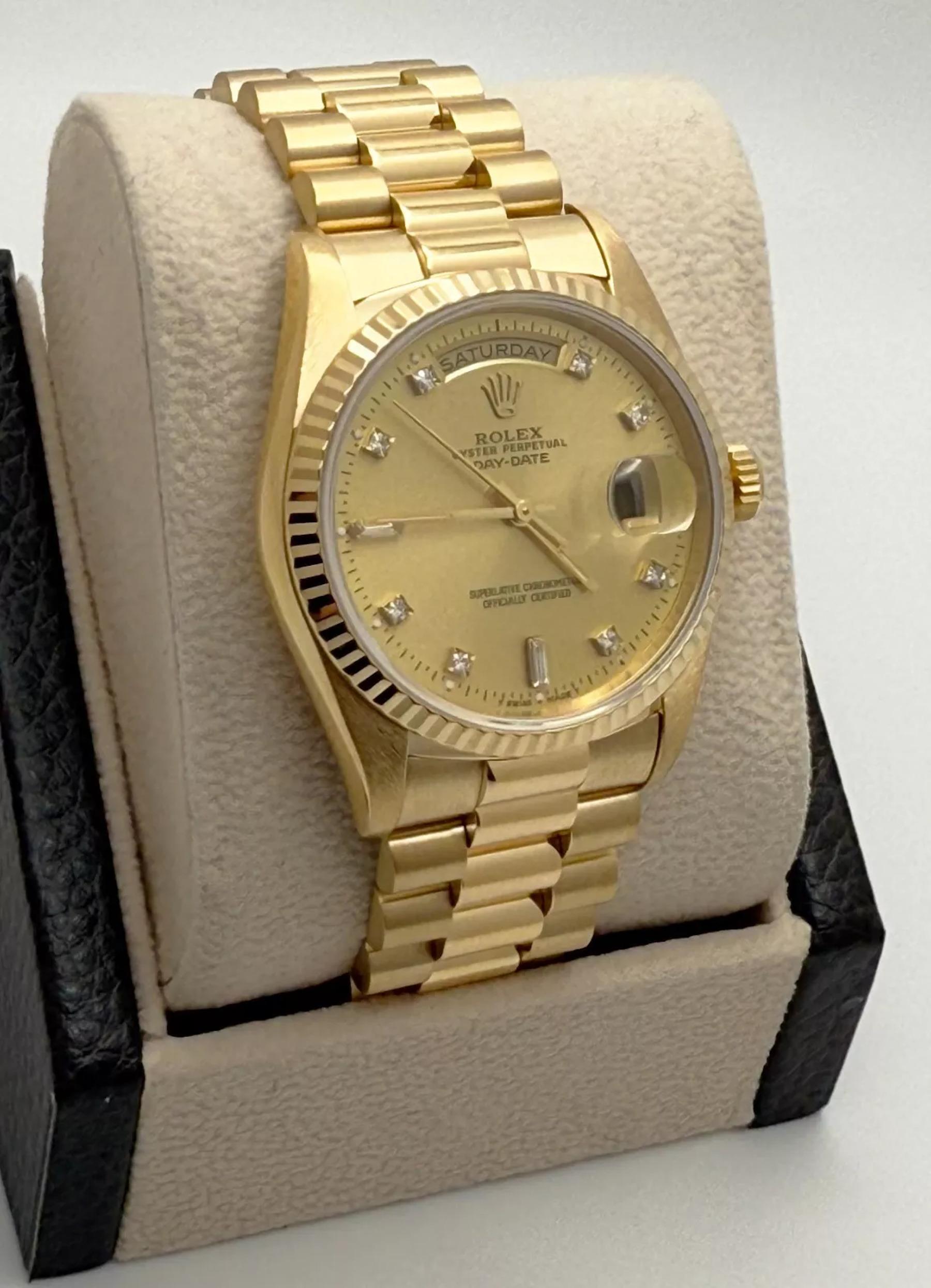 Round Cut Rolex Day-Date President 18238 Champagne Diamond Dial Double Quickset 18K Gold