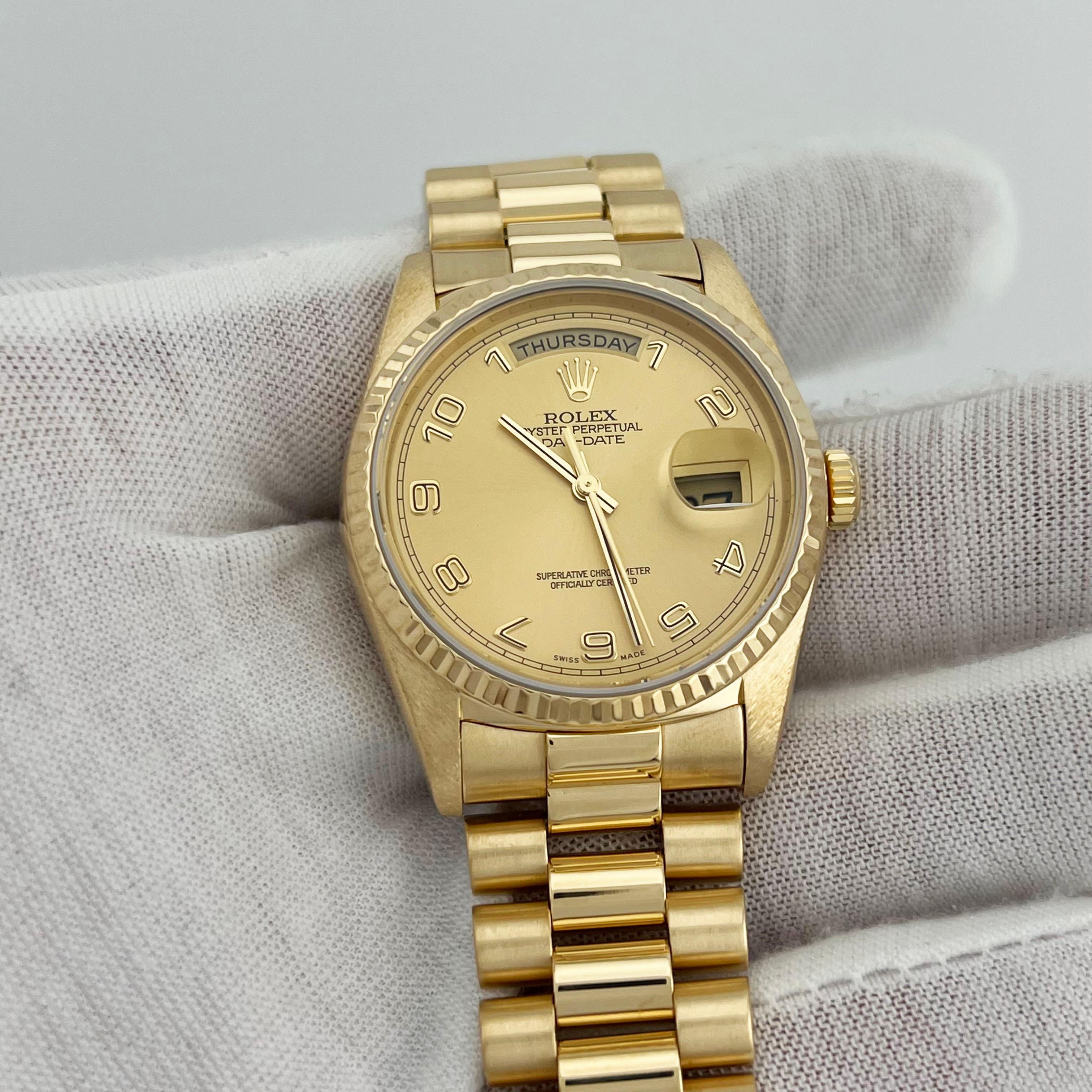 Style Number: 18238



Serial: E708***



Year: 1990

 

Model: Rolex Day Date President

 

Case Material: 18K Yellow Gold 

 

Band: 18K Yellow Gold 

  

Bezel: 18K Yellow Gold 

  

Dial: Champagne Arabic Numeral Dial 

 

Face: Sapphire Crystal