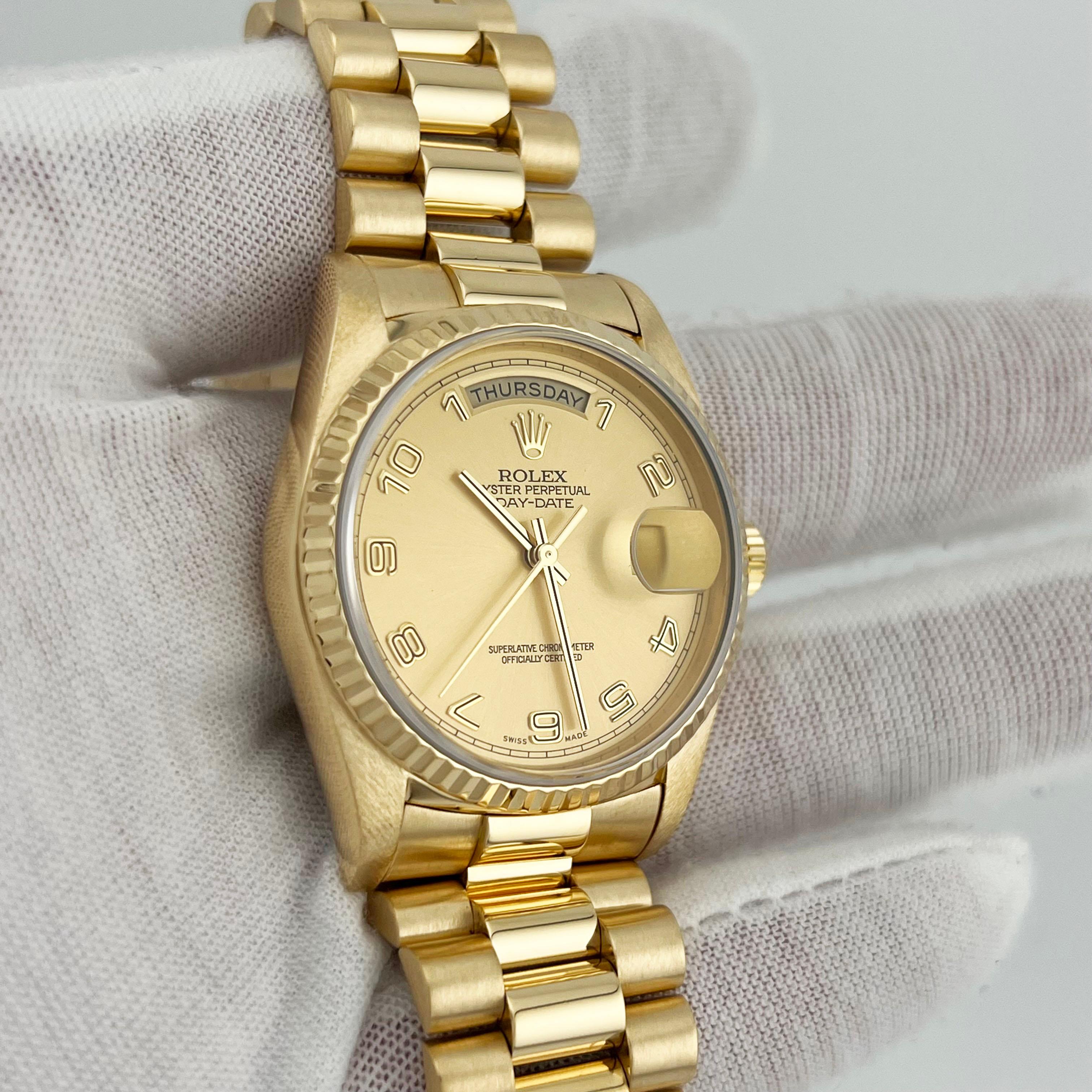 Rolex Day Date President 18238 Double Quickset Champagne Arabic Numeral Dial In Excellent Condition For Sale In San Diego, CA