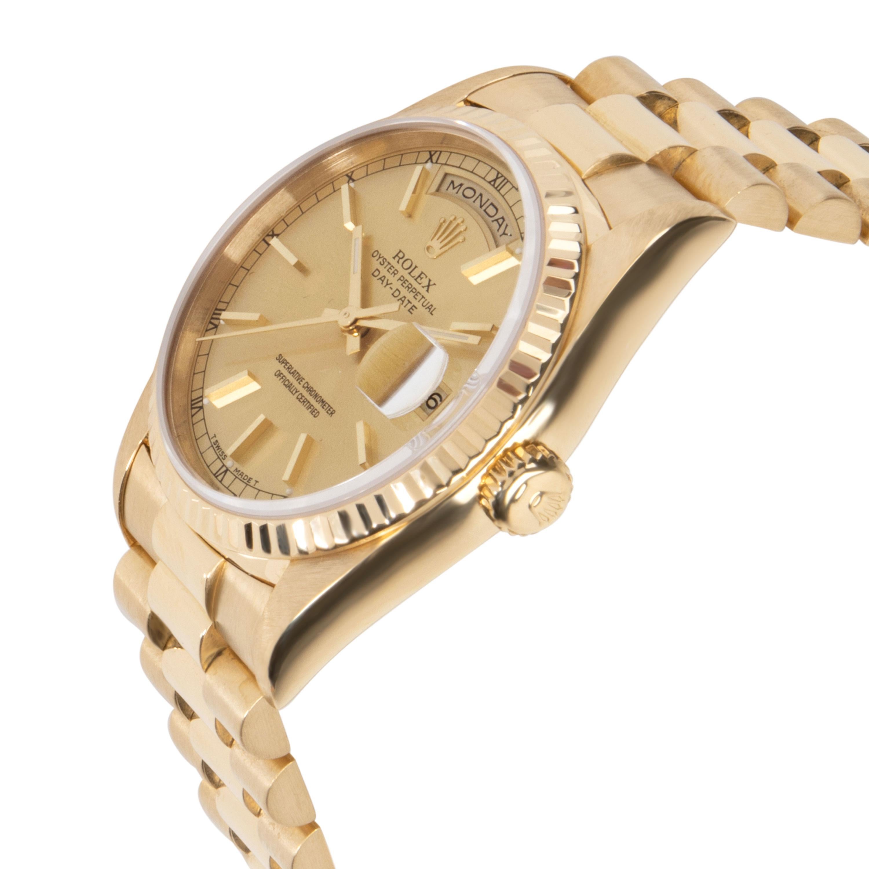 Rolex Day-Date President 18238 Men's Watch in 18kt Yellow Gold

SKU: 105524

PRIMARY DETAILS
Brand:  Rolex
Model: Day-Date
Serial Number: ***
Country of Origin: Switzerland
Movement Type: Mechanical: Automatic/Kinetic
Refurbished Notes: Overhaul,