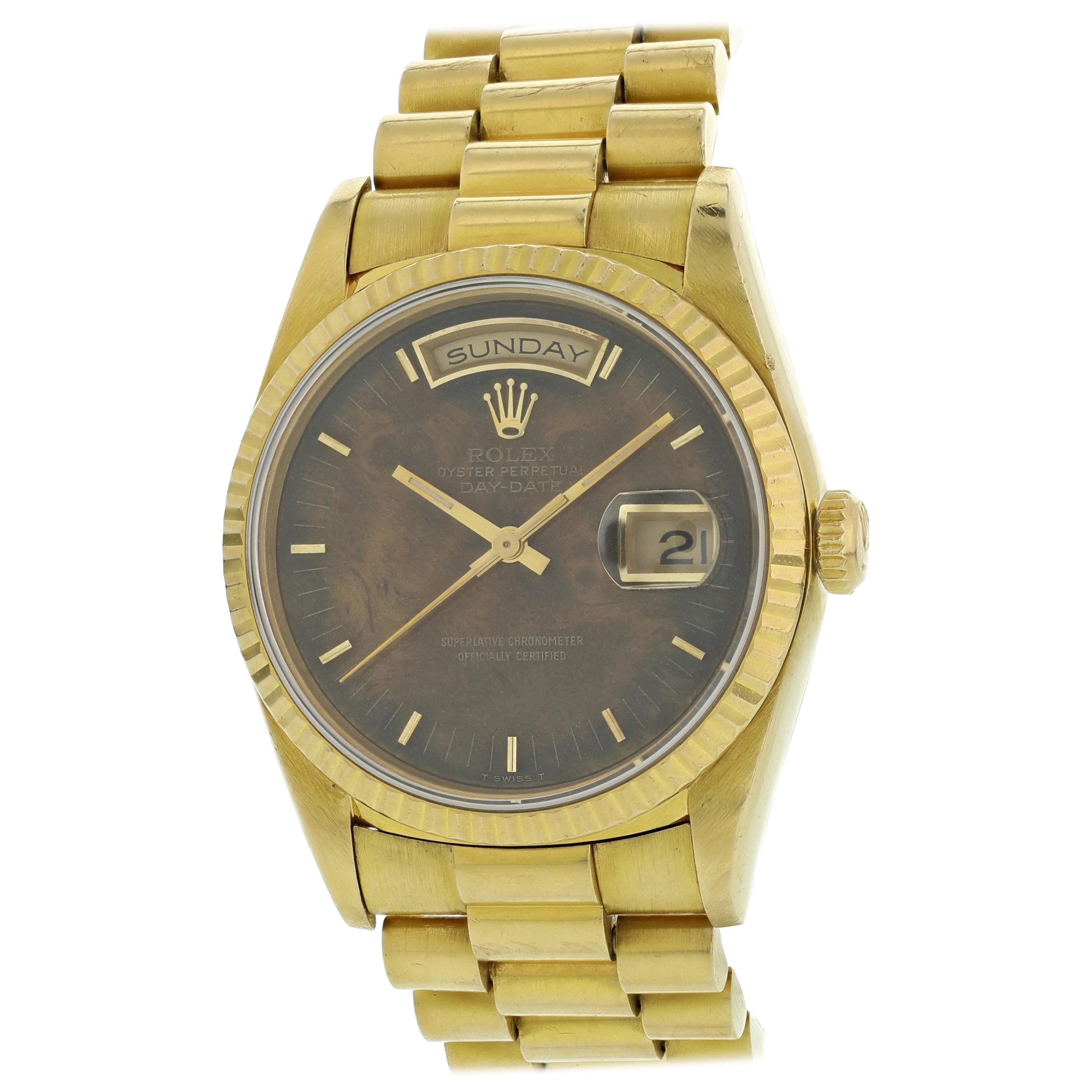 Rolex Day-Date President 18238 Wood Dial 18 Karat Yellow Gold Men's Watch For Sale