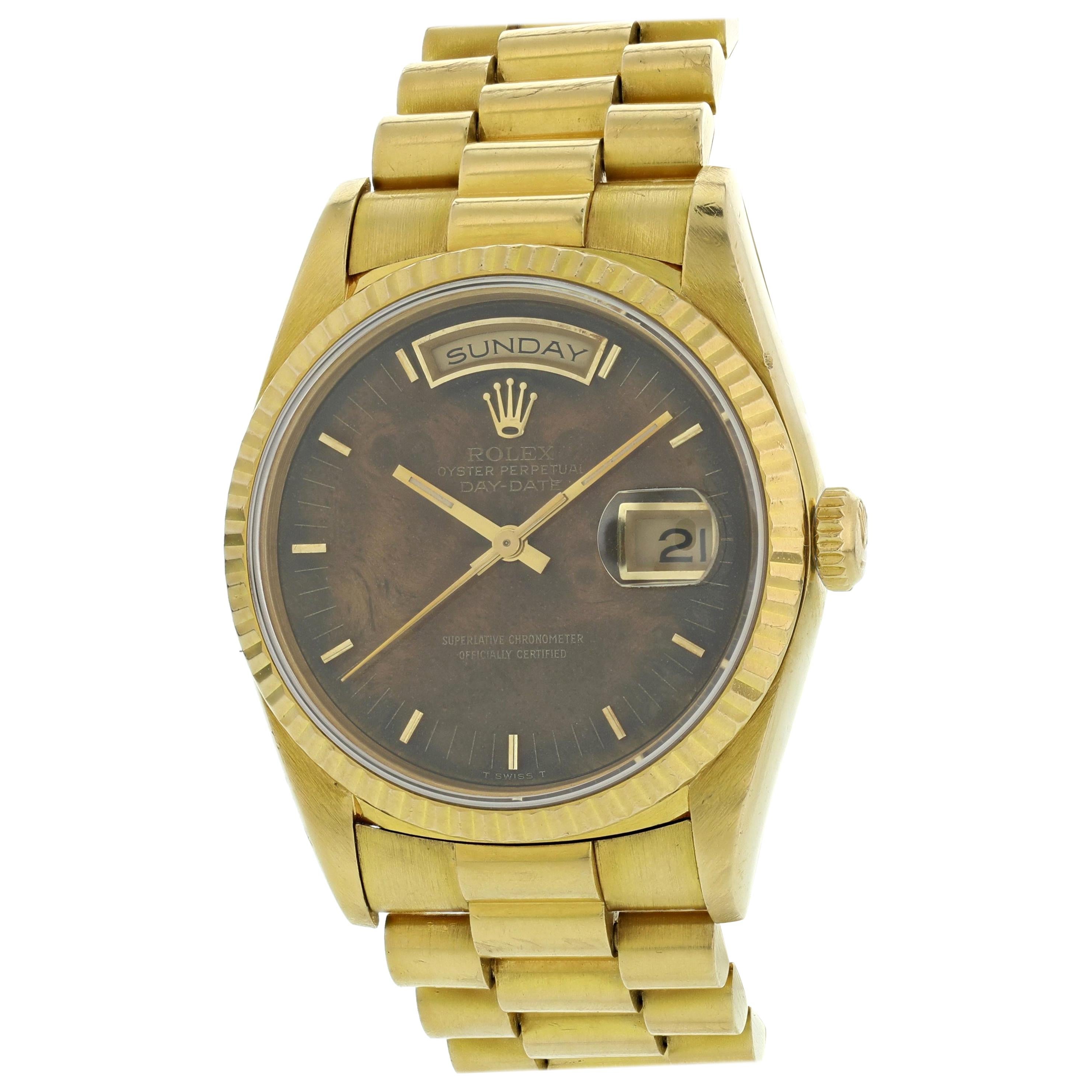 Rolex Day-Date President 18238 Wood Dial 18 Karat Yellow Gold Men��’s Watch For Sale