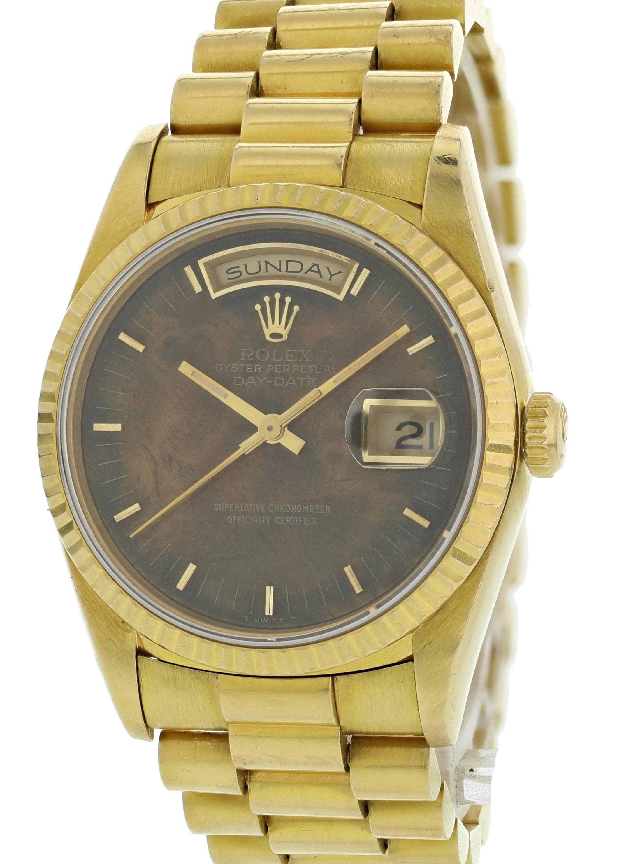 Rolex Oyster Perpetual Day-Date President 18238 Mens Watch. 36mm 18k yellow gold case. 18k yellow gold stationary fluted bezel. Wood dial with luminous hands and gold-tone index hour markers. Day display at 12 o'clock. Date display at 3 o'clock.