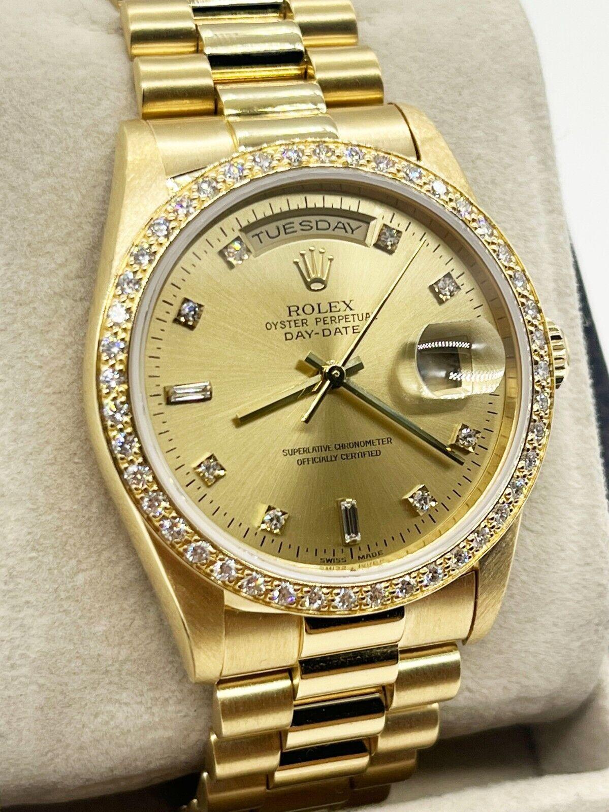 Style Number: 18348
 
Serial: W072***

Year: 1999
 
Model: President Day Date 
 
Case Material: 18K Yellow Gold
 
Band: 18K Yellow Gold
 
Bezel: Original Factory Diamond Bezel 
 
Dial: Original Factory Diamond Dial 
 
Face: Sapphire Crystal 
 
Case