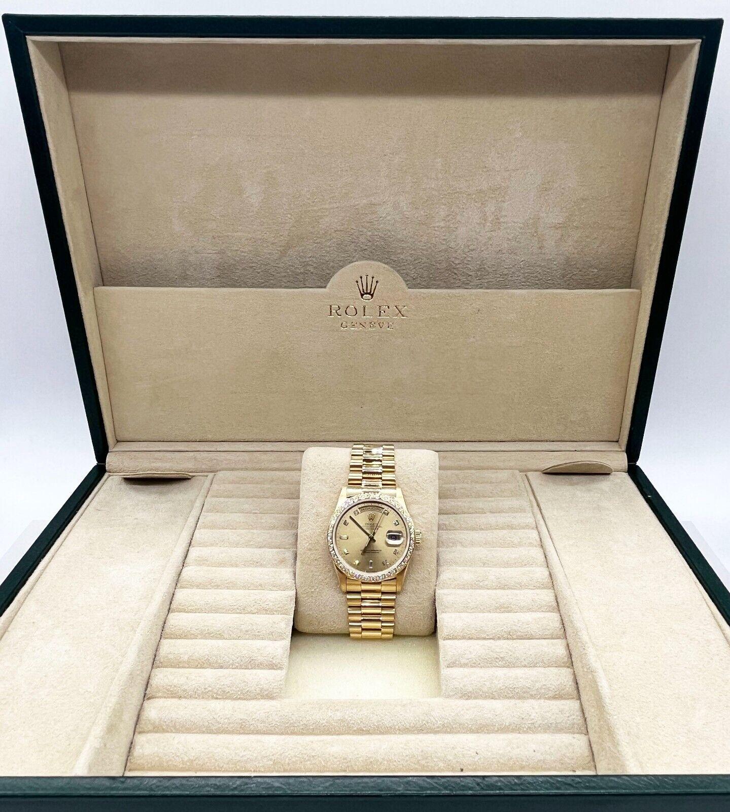 Rolex Day Date President 18348 Champagne Diamond Dial 18K Yellow Gold Box Paper In Excellent Condition For Sale In San Diego, CA