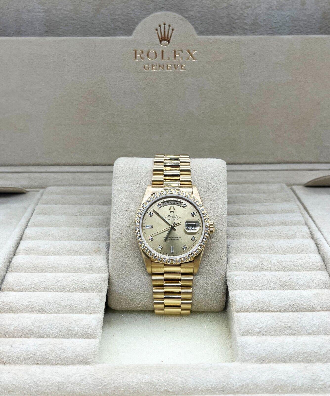 Women's or Men's Rolex Day Date President 18348 Champagne Diamond Dial 18K Yellow Gold Box Paper For Sale