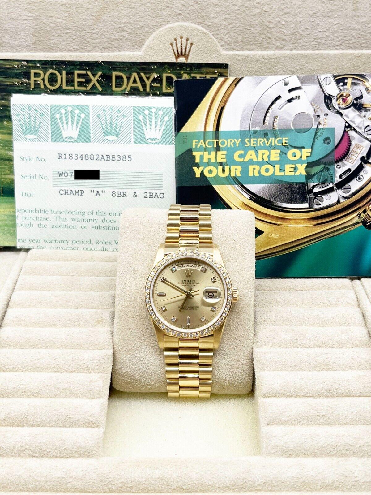 Rolex Day Date President 18348 Champagne Diamond Dial 18K Yellow Gold Box Paper For Sale 3