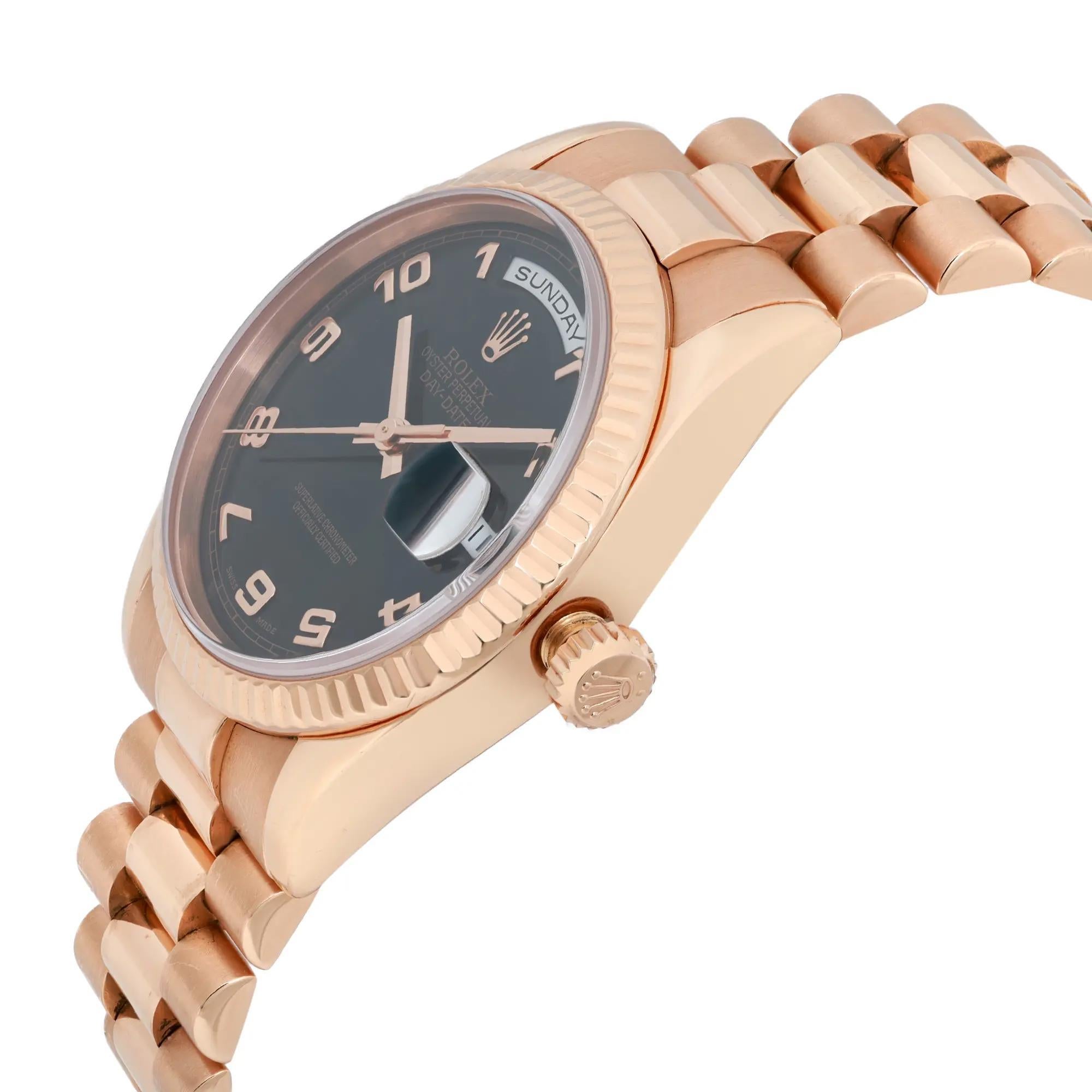 Rolex Day-Date President Or Everose 18K Cadran Noir Montre Homme 118235 Bon état - En vente à New York, NY