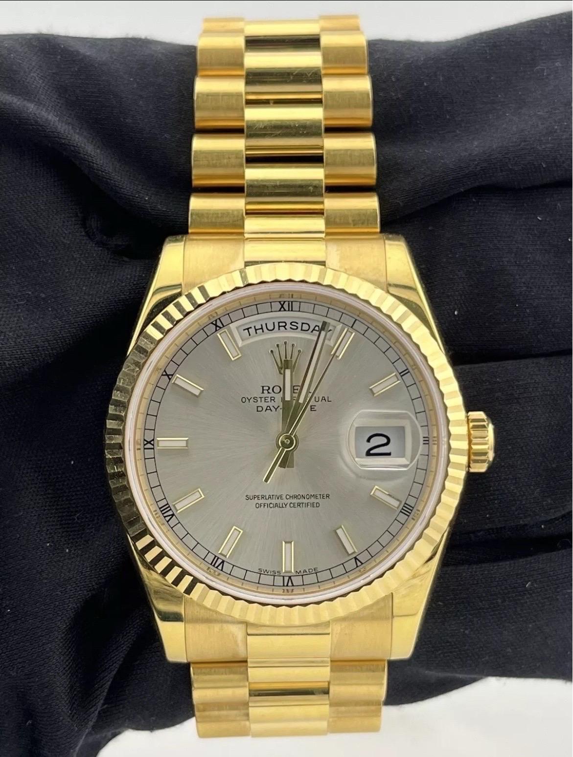 Rolex Day-Date President 18k Yellow Gold Sliver Dial Mens 36mm Watch '12+ 118238 For Sale 7