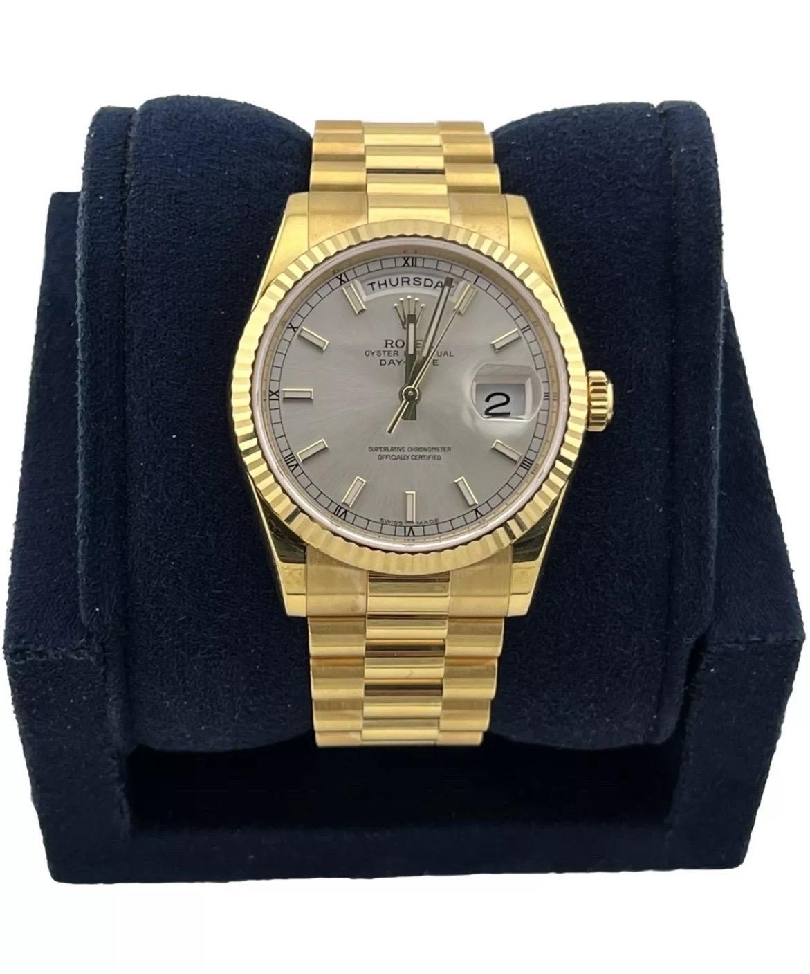 Commanding in presence and steeped in heritage, the Rolex Day-Date 118238 is a true icon of prestige and power. This 36mm men's timepiece, crafted from solid 18k yellow gold, showcases Rolex’s unmatched commitment to luxury, reliability, and