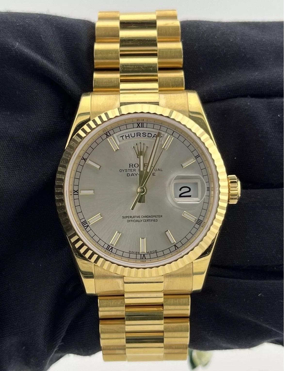 Rolex Day-Date President 18k Yellow Gold Sliver Dial Mens 36mm Watch '12+ 118238 For Sale 2