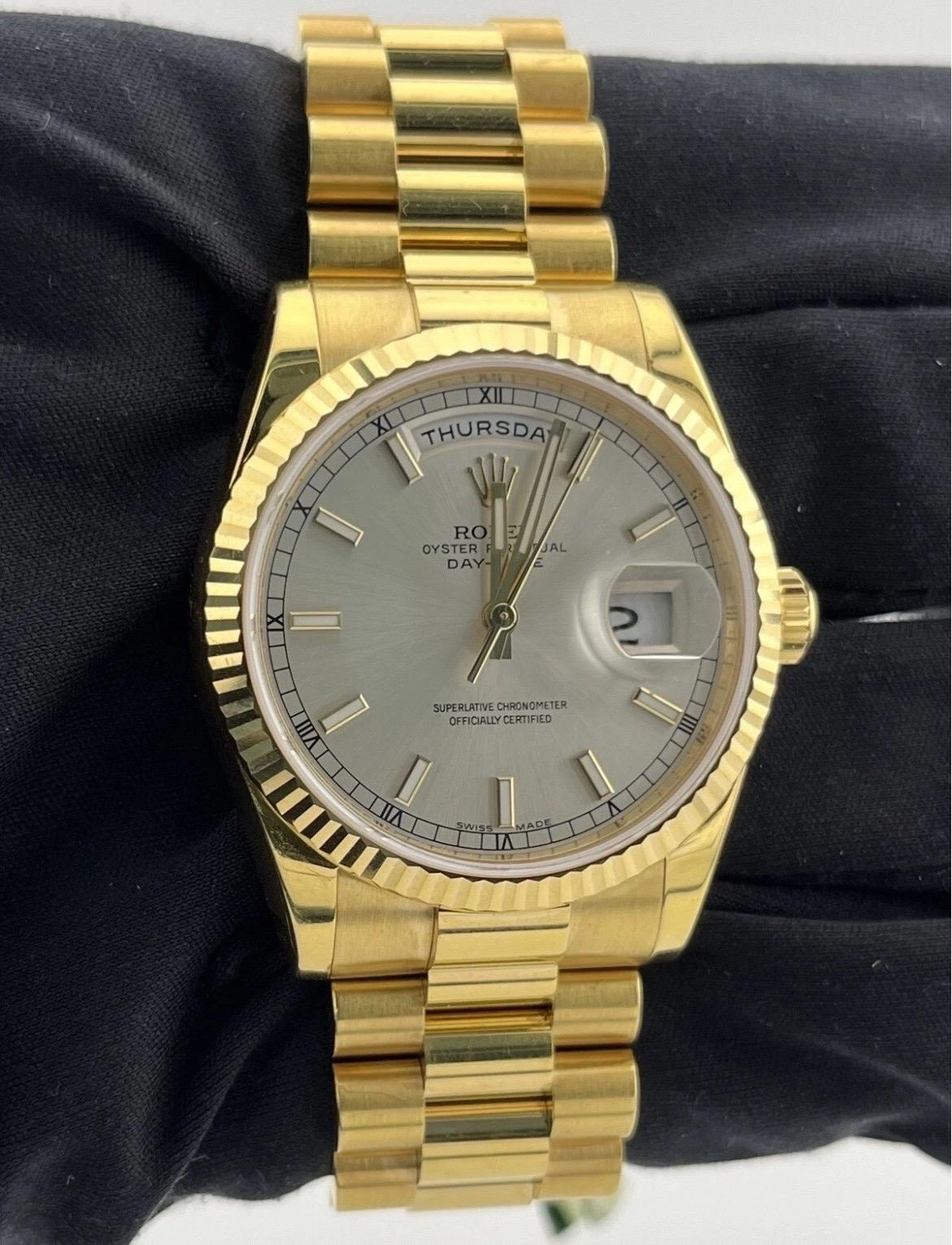 Rolex Day-Date President 18k Yellow Gold Sliver Dial Mens 36mm Watch '12+ 118238 For Sale 3