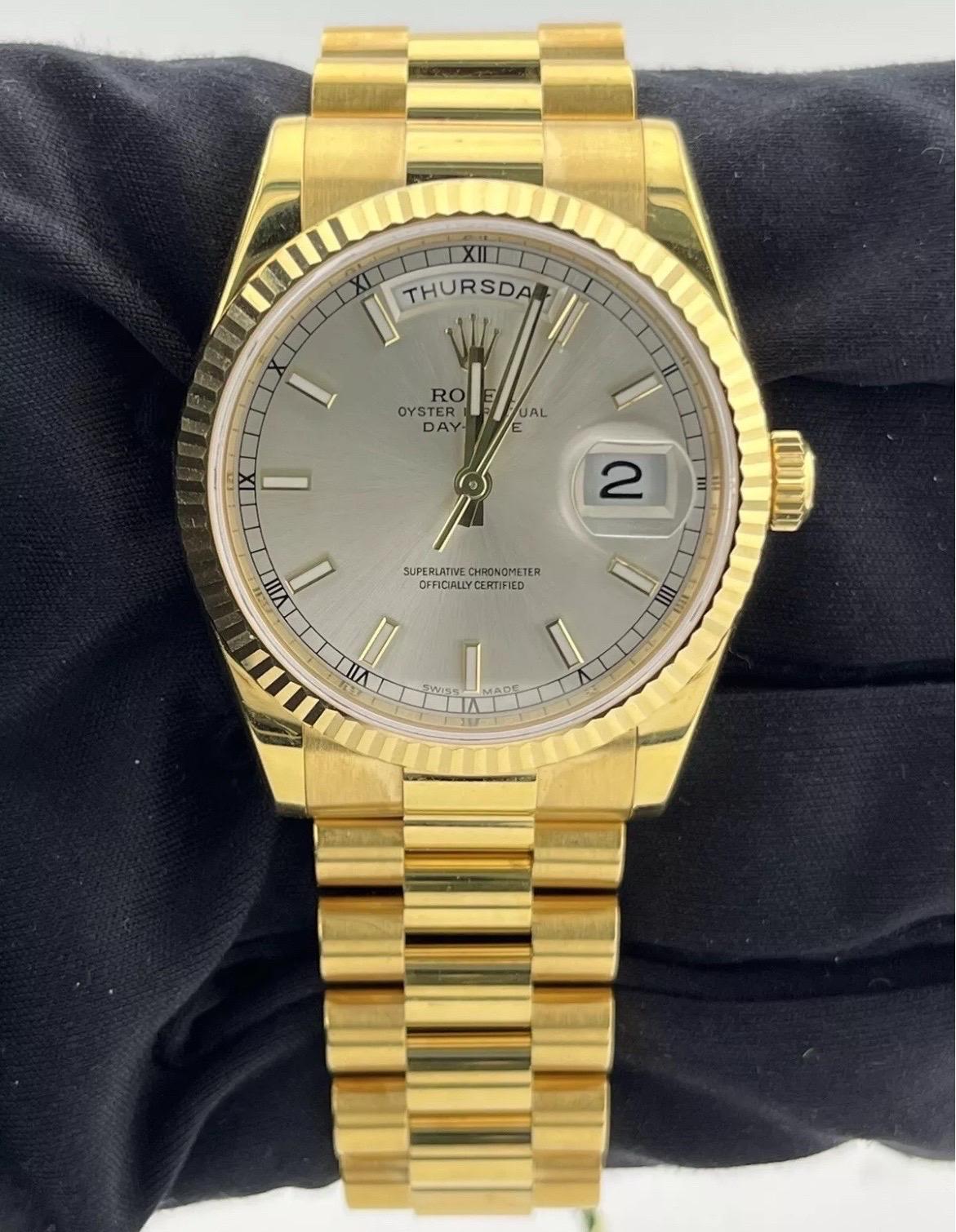 Rolex Day-Date President 18k Yellow Gold Sliver Dial Mens 36mm Watch '12+ 118238 For Sale 4