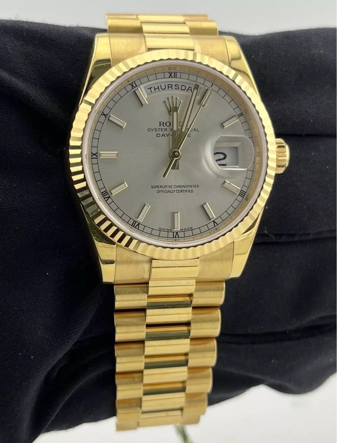 Rolex Day-Date President 18k Yellow Gold Sliver Dial Mens 36mm Watch '12+ 118238 For Sale 5