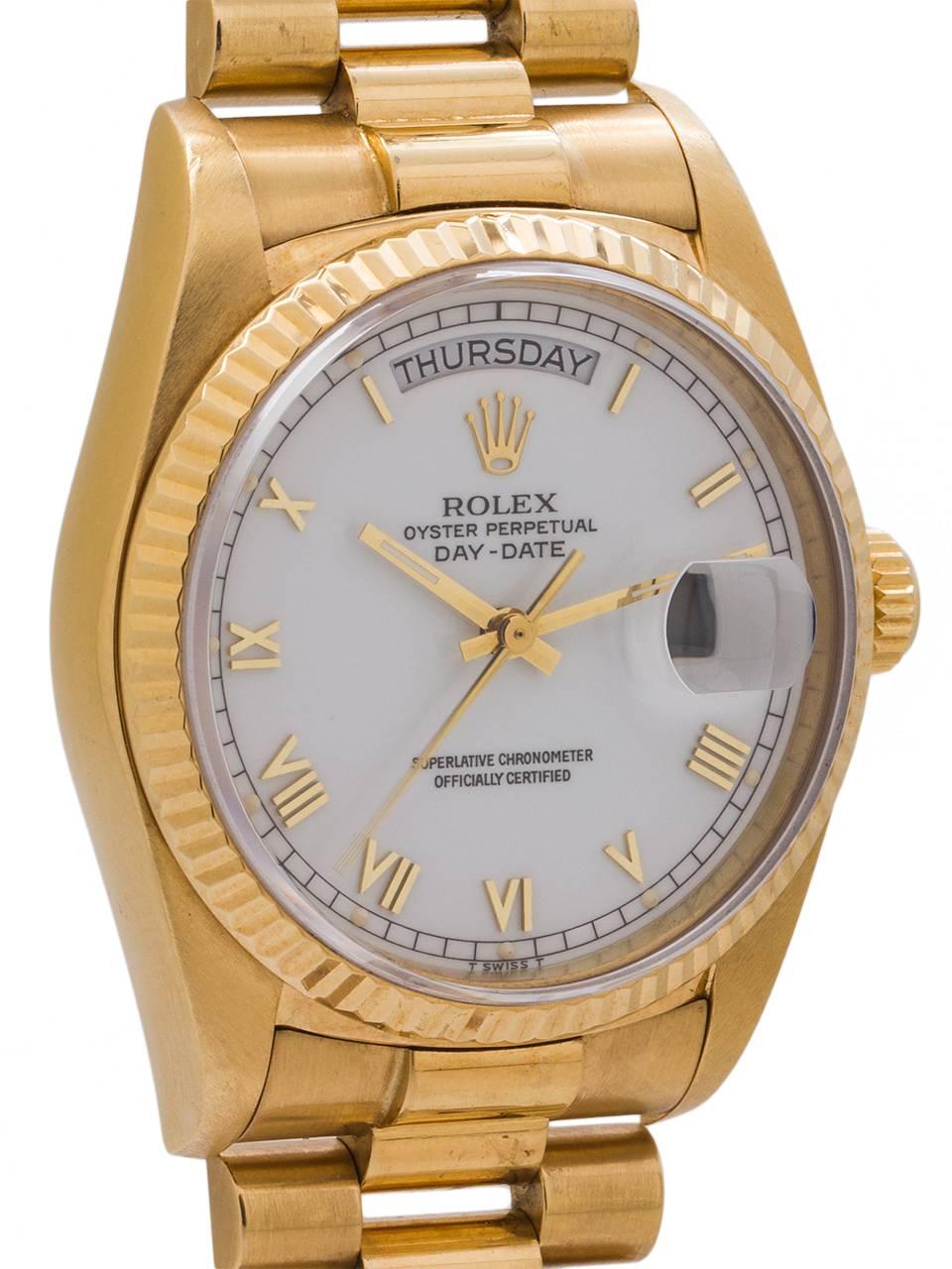 Rolex Yellow Gold Day Date President Automatic wristwatch Ref 18038, circa 1986  In Excellent Condition In West Hollywood, CA