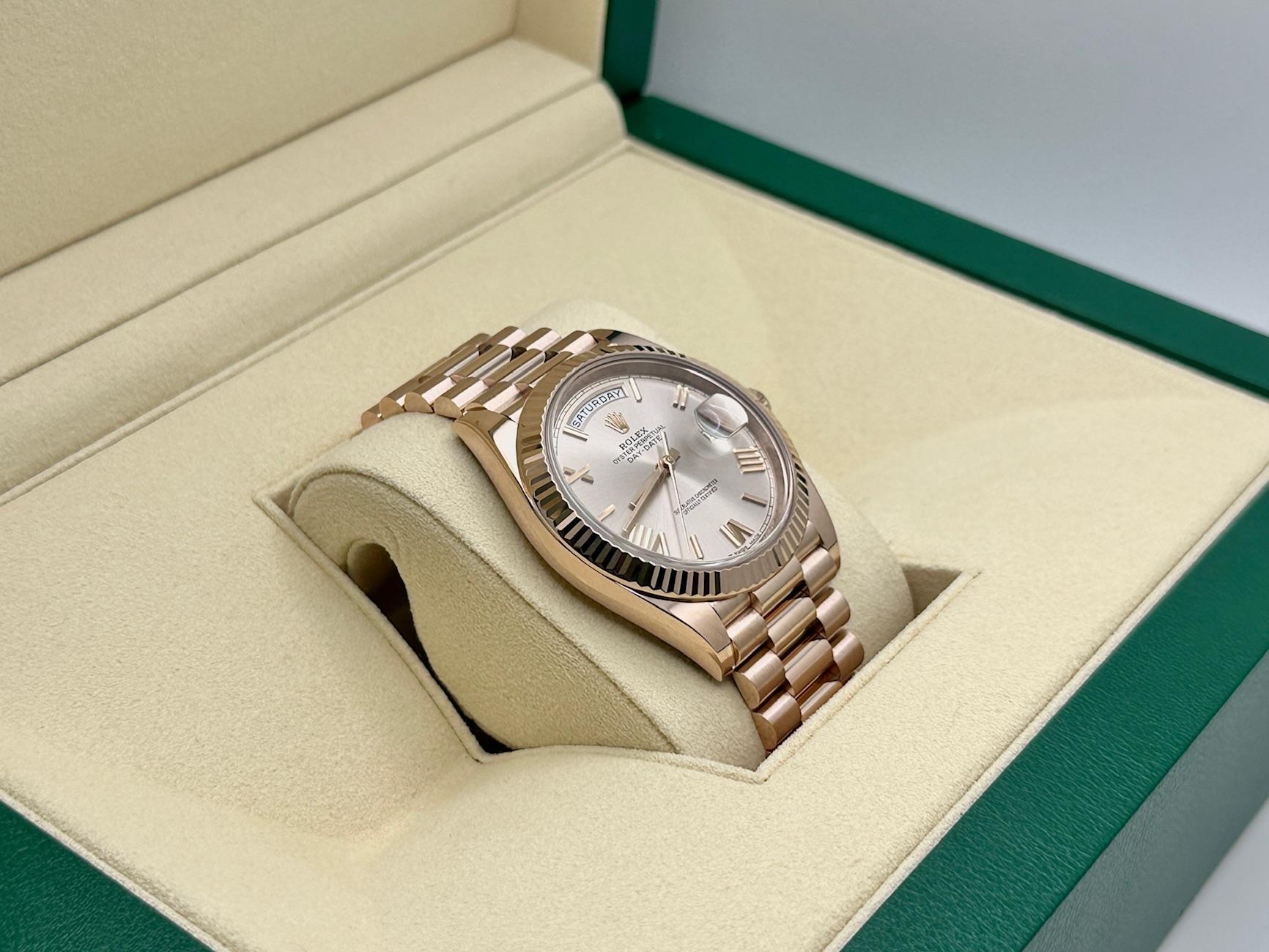 Rolex Day Date President 228235 40mm Sundust Dial 18K Rose Gold Box Paper In Excellent Condition For Sale In San Diego, CA