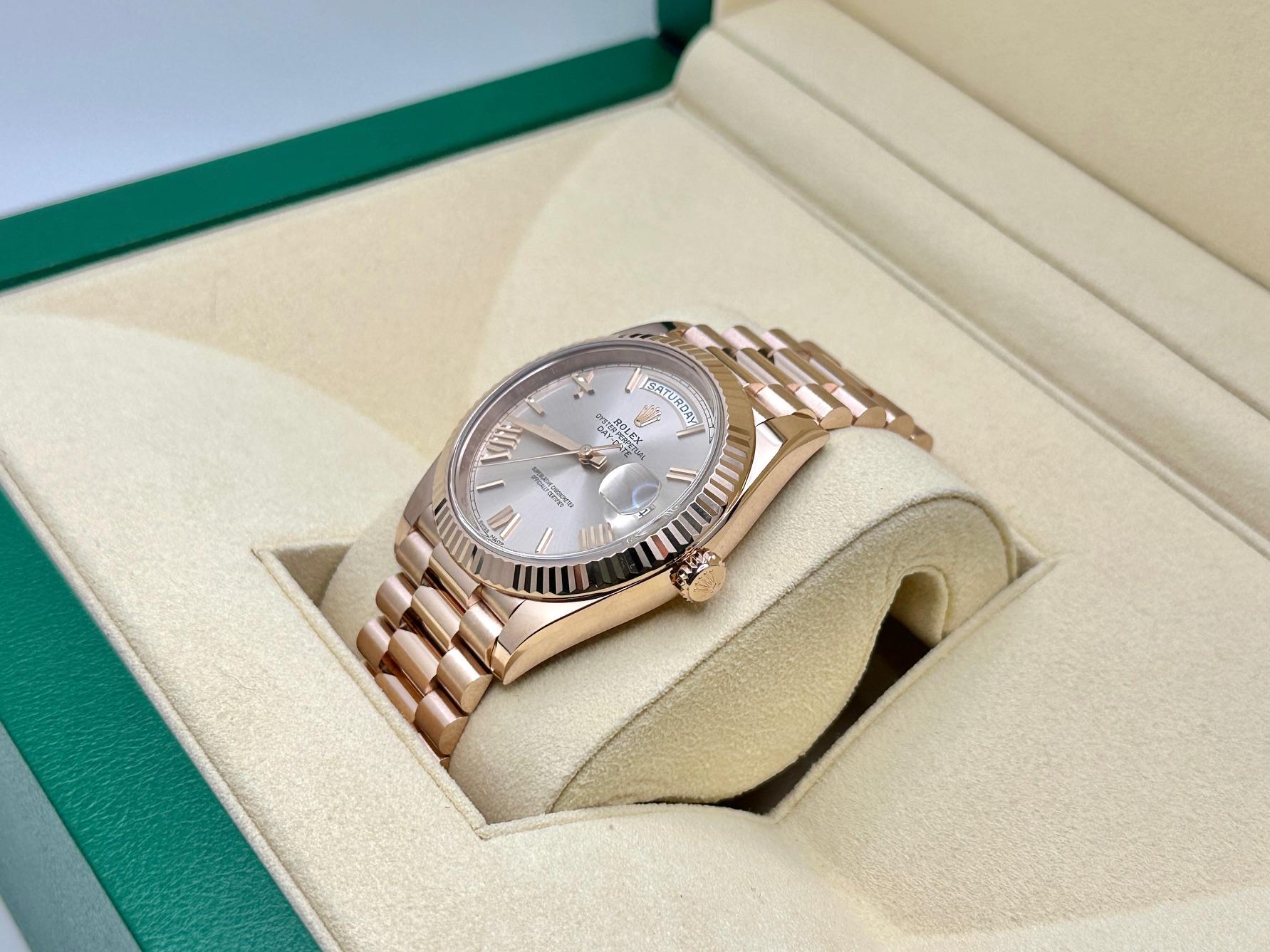 Men's Rolex Day Date President 228235 40mm Sundust Dial 18K Rose Gold Box Paper For Sale