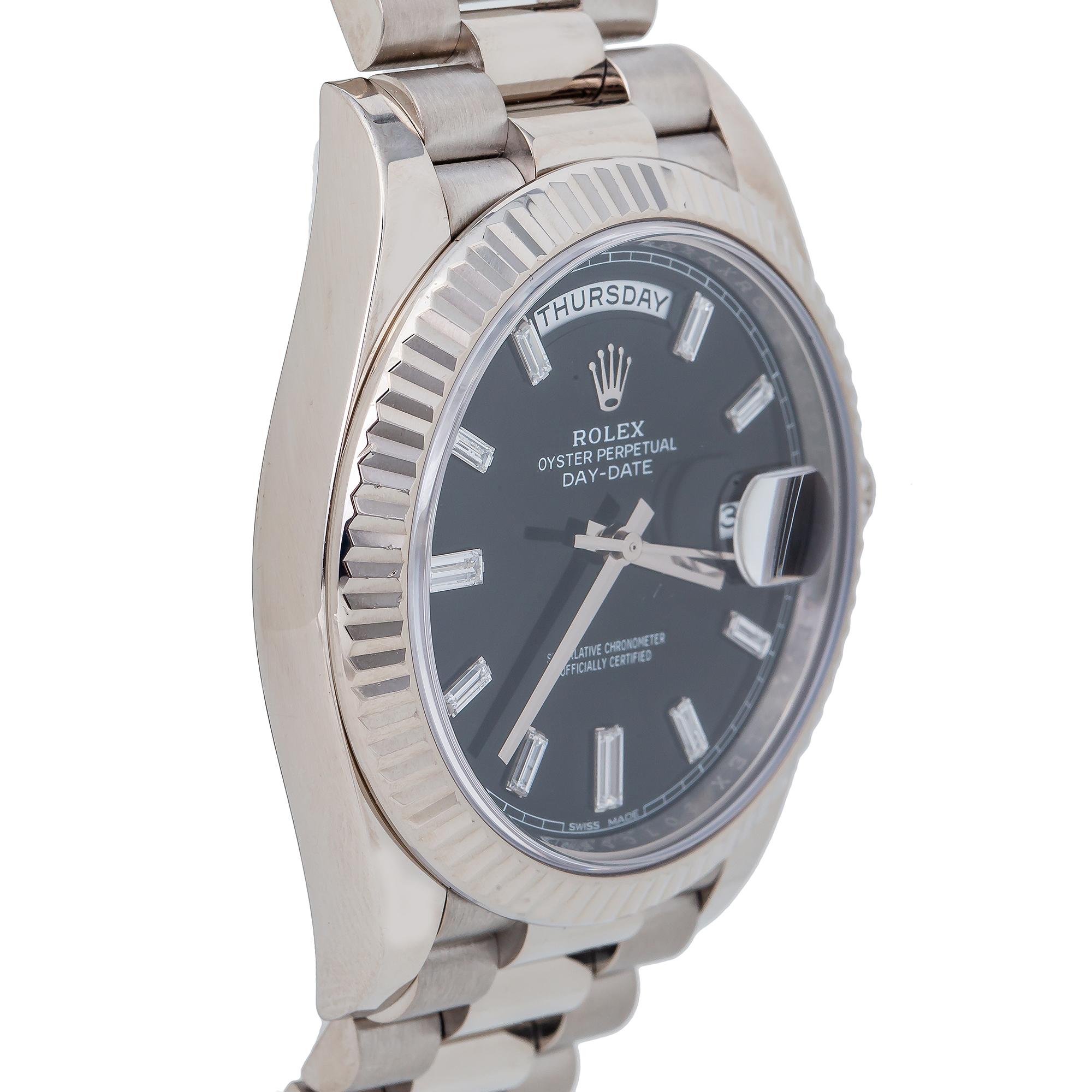 Rolex Day-Date President 228239 Factory Black Diamond Dial Men's Watch In Good Condition For Sale In Miami, FL