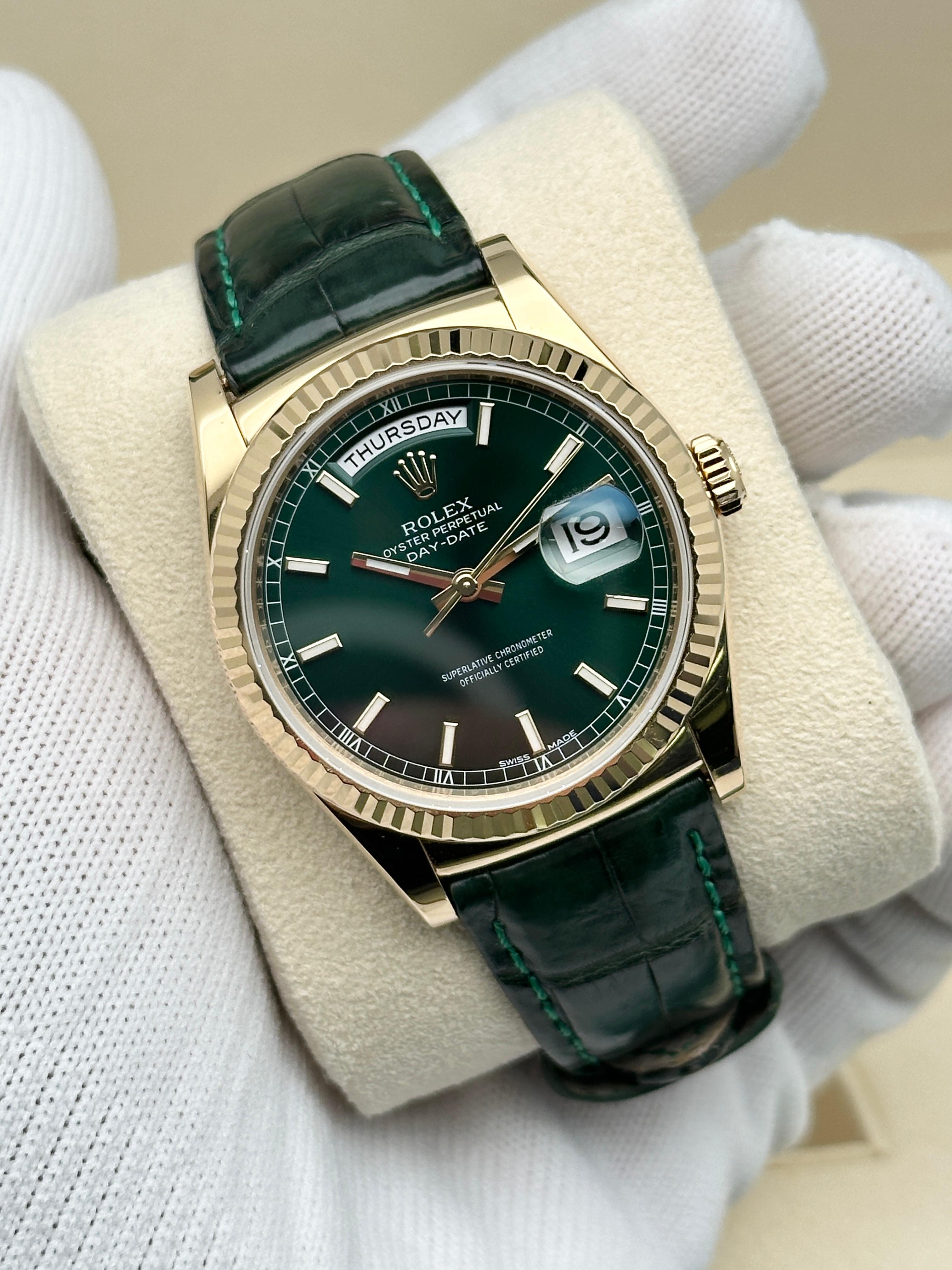 Rolex Day-Date President 36 18k Gelbgold Grünes Zifferblatt Luxusuhr 118138 im Angebot 3