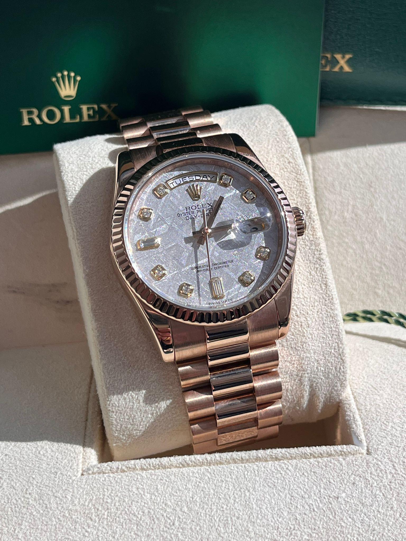 Rolex Day-Date President 36mm Rose Gold Meteorite Diamond Dial Mens Watch 118235 en vente 4