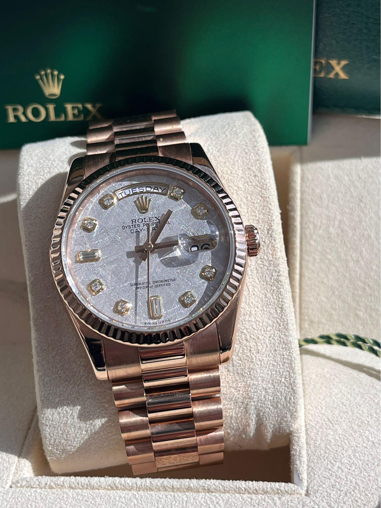 Rolex Day-Date President 36mm Rose Gold Meteorite Diamond Dial Mens Watch 118235 en vente 5