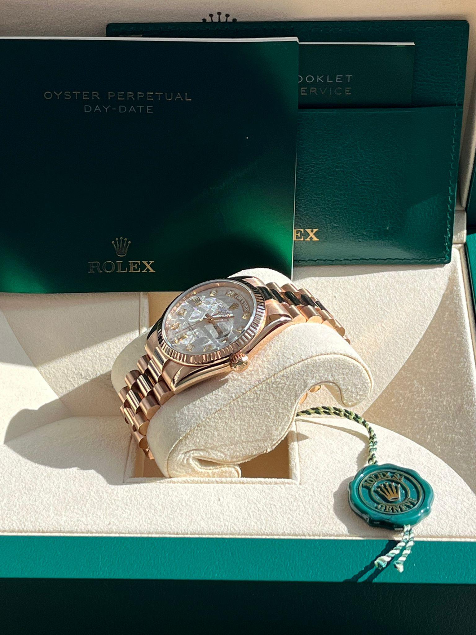 Rolex Day-Date President 36mm Rose Gold Meteorite Diamond Dial Mens Watch 118235 en vente 8