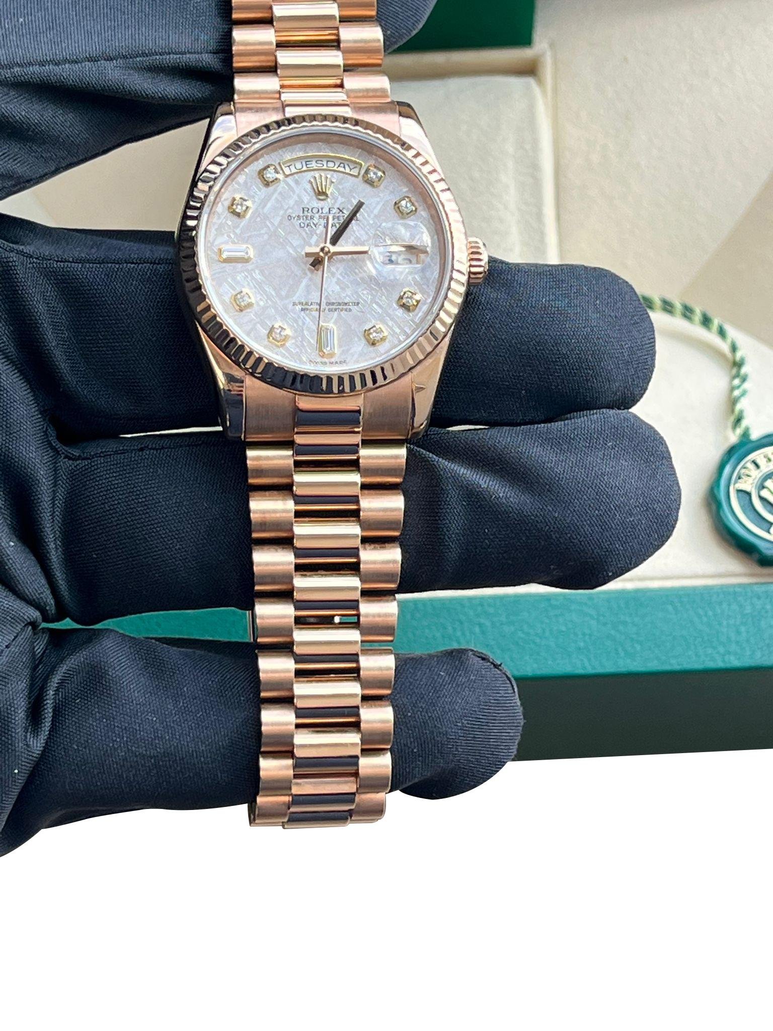 Rolex Day-Date President 36mm Rose Gold Meteorite Diamond Dial Mens Watch 118235 en vente 11