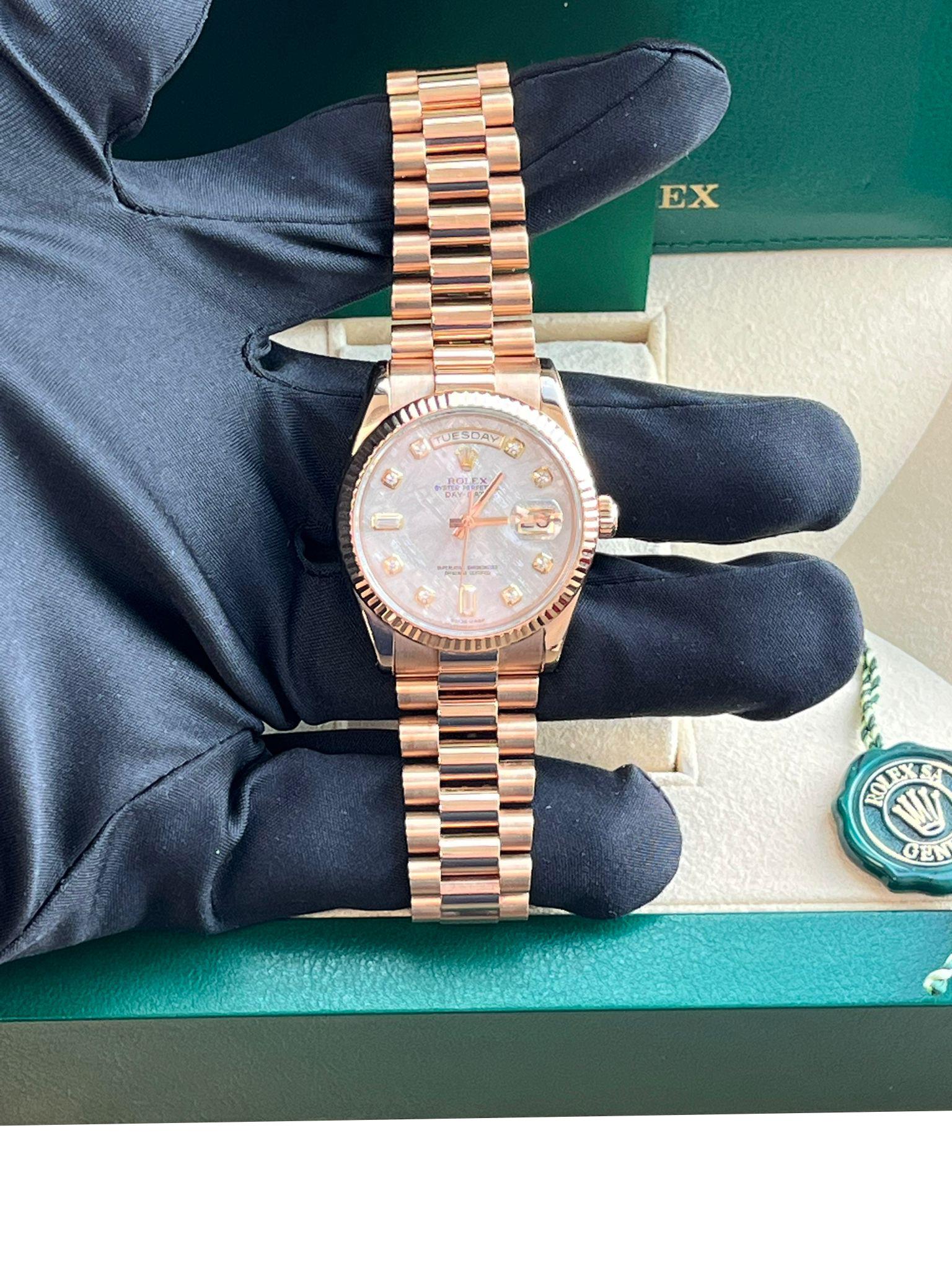 Rolex Day-Date President 36mm Rose Gold Meteorite Diamond Dial Mens Watch 118235 en vente 12