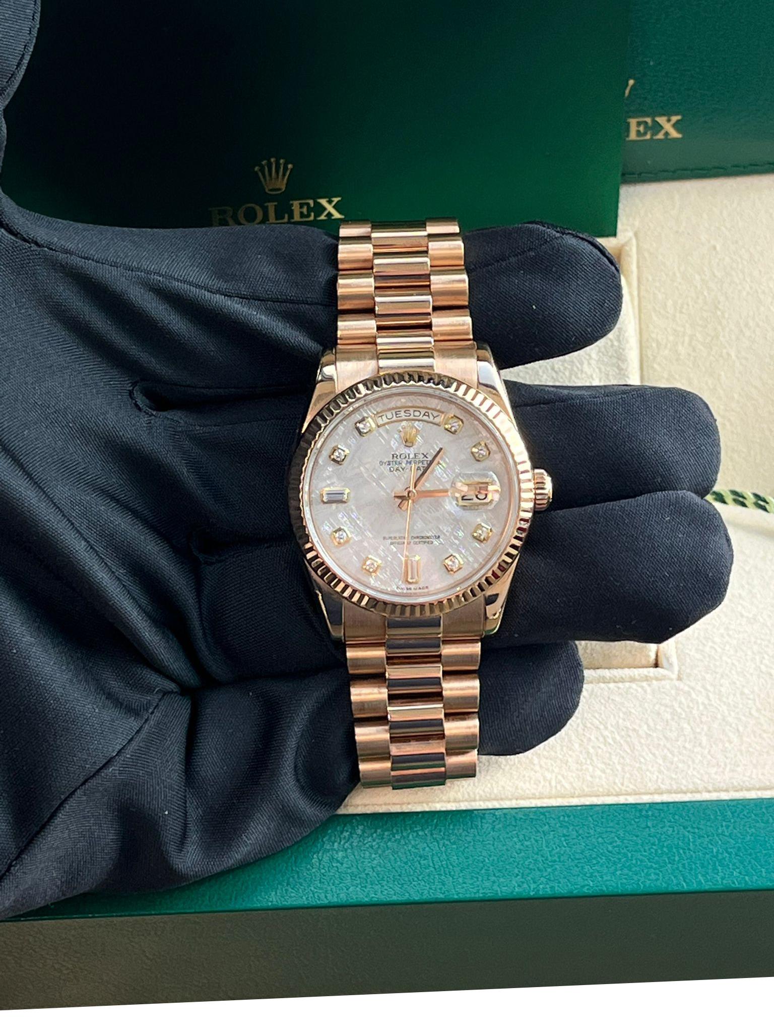 Rolex Day-Date President 36mm Rose Gold Meteorite Diamond Dial Mens Watch 118235 en vente 13