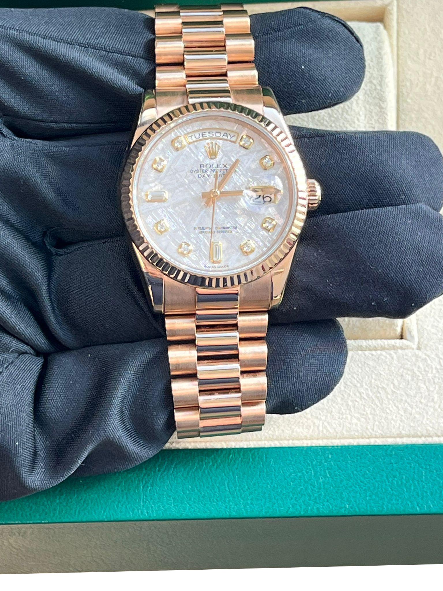 Rolex Day-Date President 36mm Rose Gold Meteorite Diamond Dial Mens Watch 118235 en vente 14