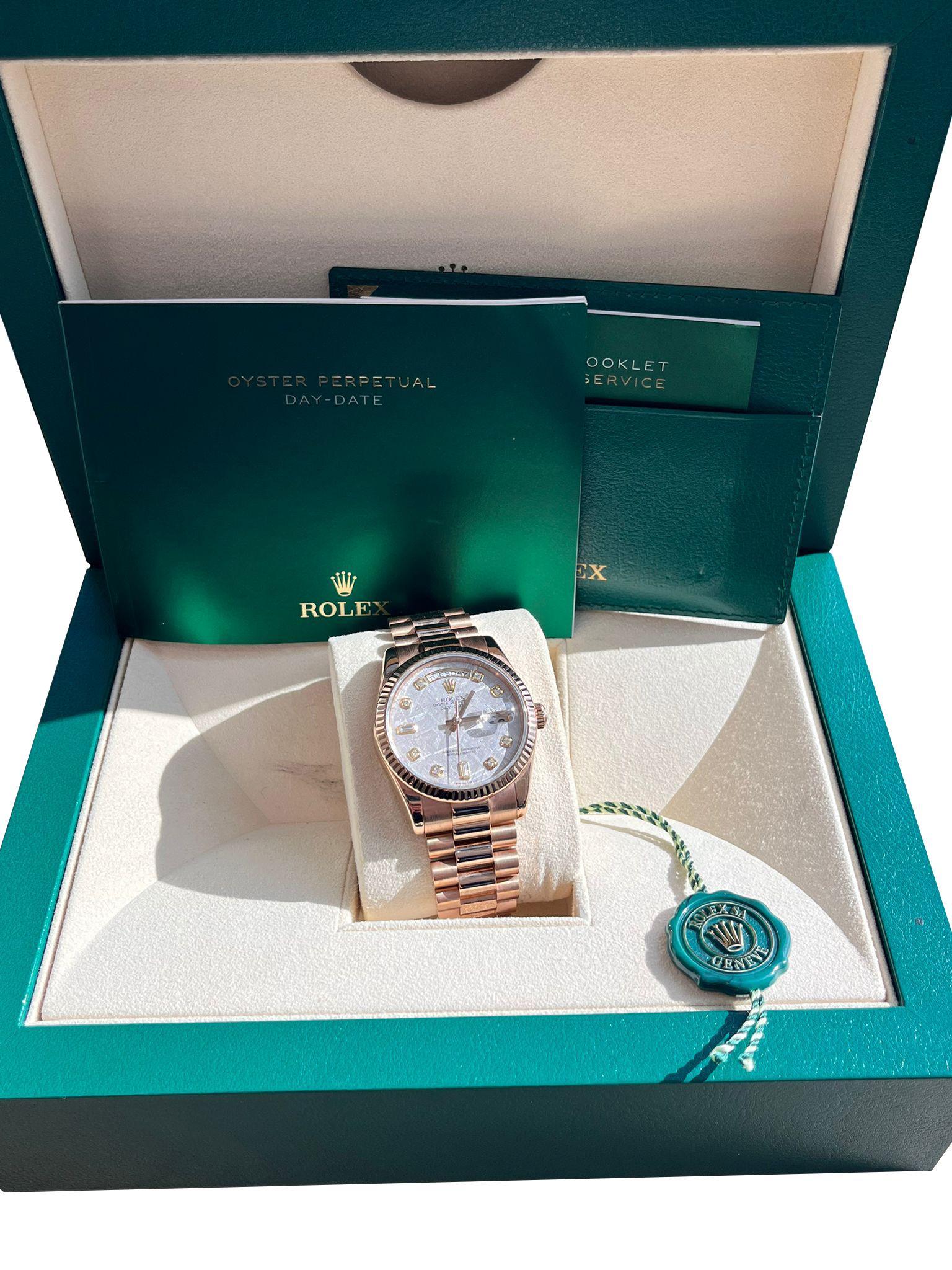 Moderniste Rolex Day-Date President 36mm Rose Gold Meteorite Diamond Dial Mens Watch 118235 en vente