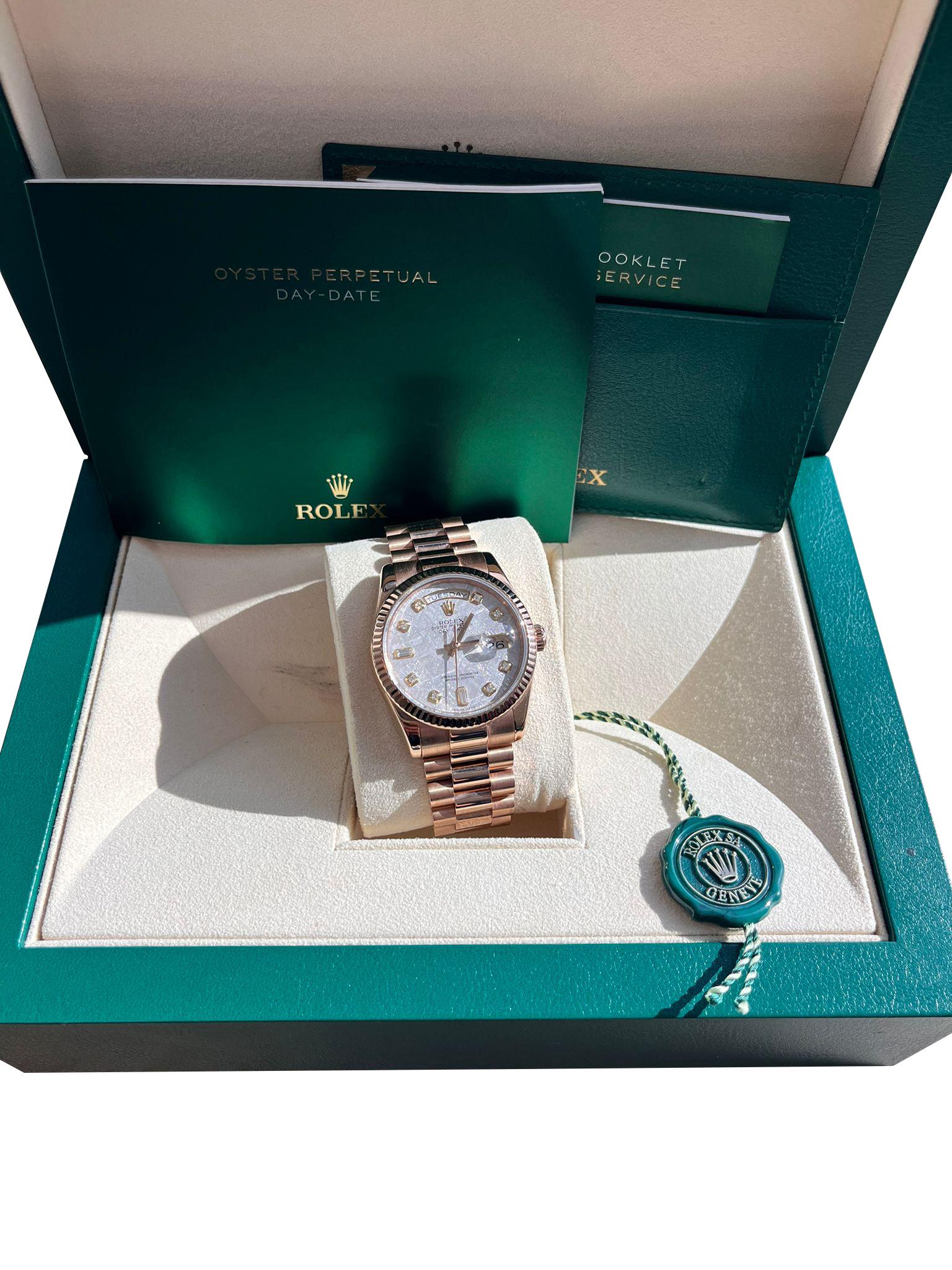 Taille ronde Rolex Day-Date President 36mm Rose Gold Meteorite Diamond Dial Mens Watch 118235 en vente