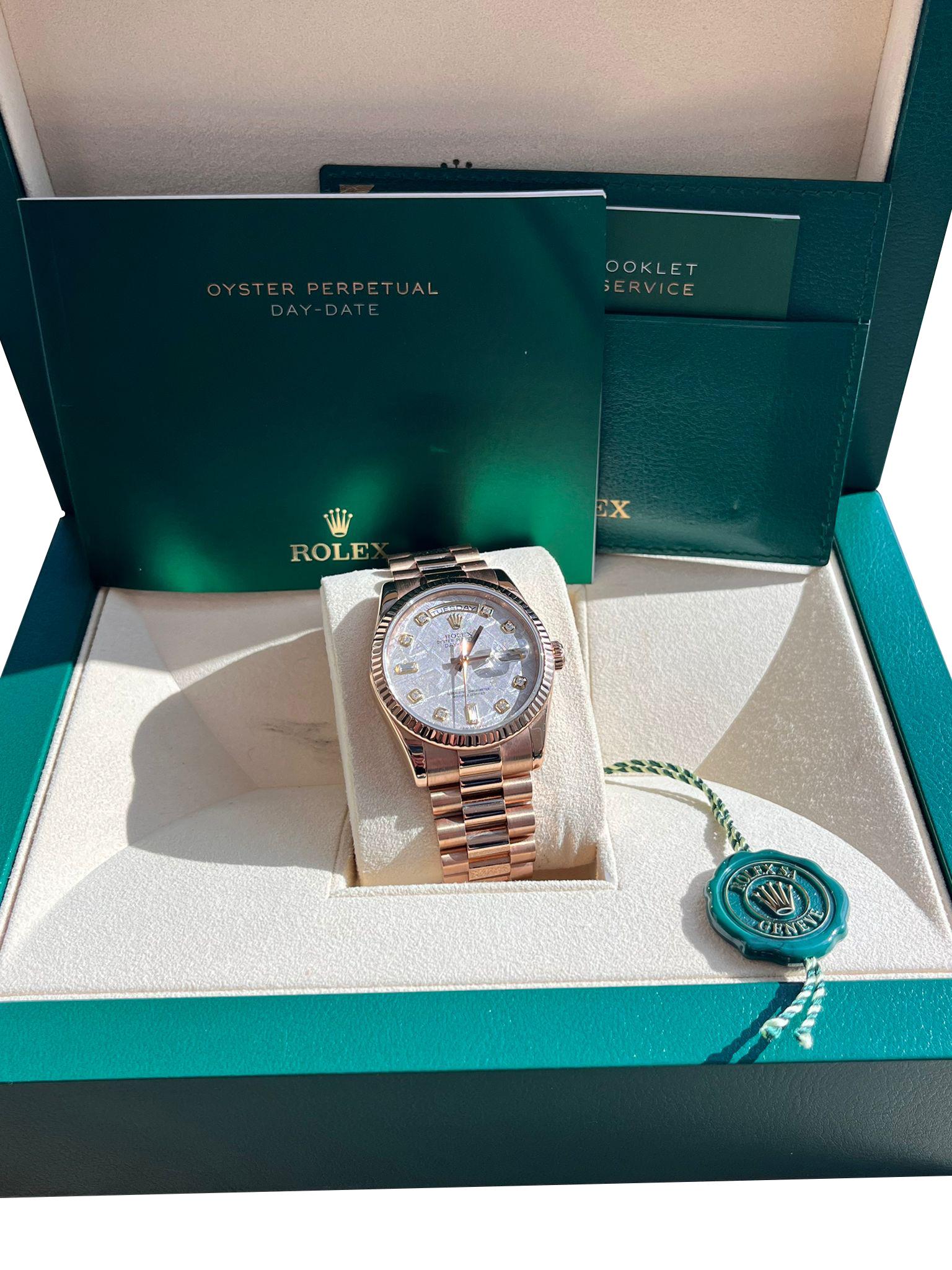 Rolex Day-Date President 36mm Rose Gold Meteorite Diamond Dial Mens Watch 118235 Excellent état - En vente à Aventura, FL