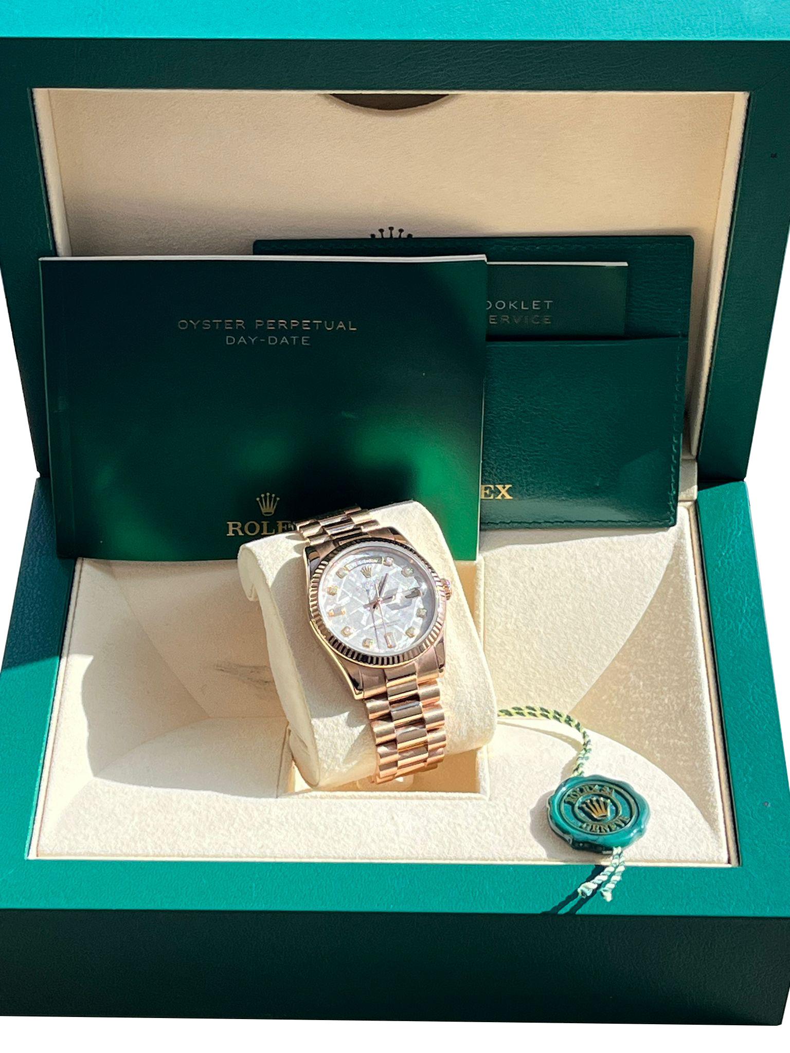 Rolex Day-Date President 36mm Rose Gold Meteorite Diamond Dial Mens Watch 118235 Pour hommes en vente