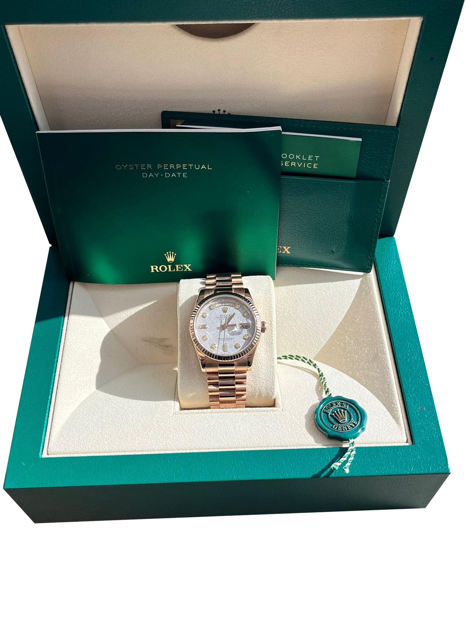 Rolex Day-Date President 36mm Rose Gold Meteorite Diamond Dial Mens Watch 118235 en vente 1