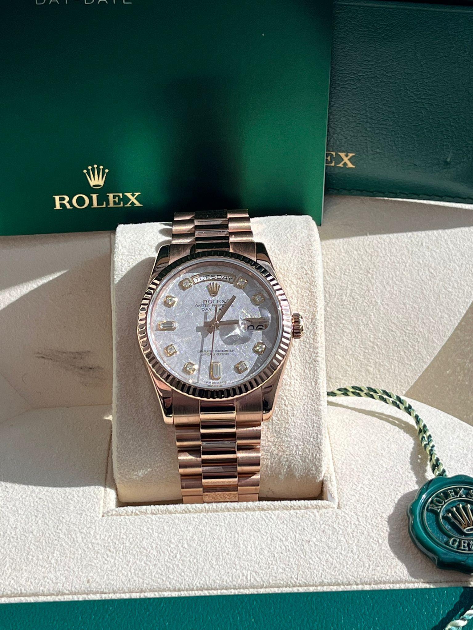 Rolex Day-Date President 36mm Rose Gold Meteorite Diamond Dial Mens Watch 118235 en vente 2