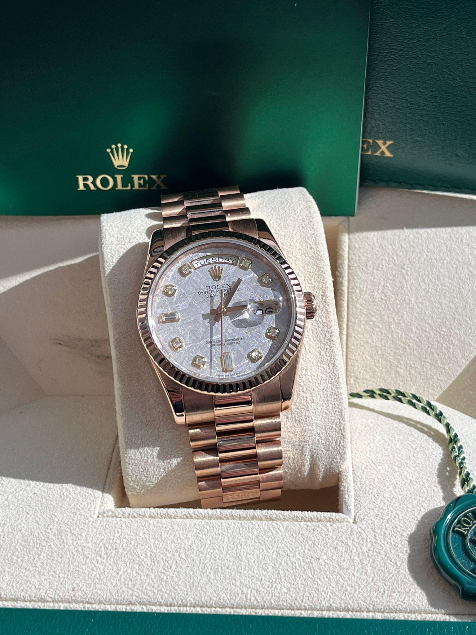 Rolex Day-Date President 36mm Rose Gold Meteorite Diamond Dial Mens Watch 118235 en vente 3