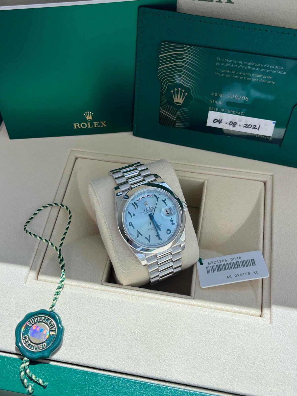 Rolex Day-Date President 40 Ice Blue Arabic Dial Automatic Platinum Watch 228206 For Sale 3