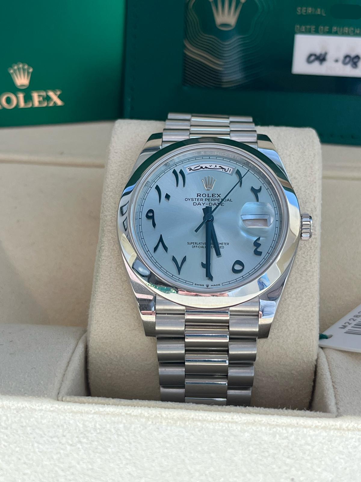 Rolex Day-Date President 40 Ice Blue Arabic Dial Automatic Platinum Watch 228206 For Sale 4