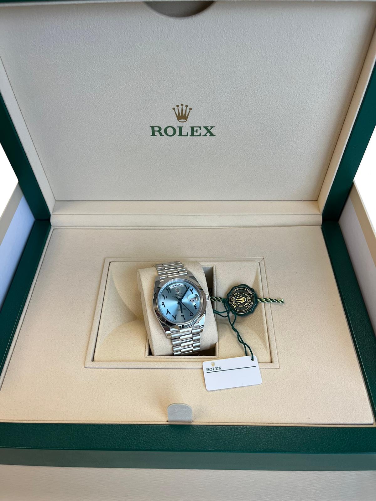 Rolex Day-Date President 40 Ice Blue Arabic Dial Automatic Platinum Watch 228206 In Excellent Condition For Sale In Aventura, FL