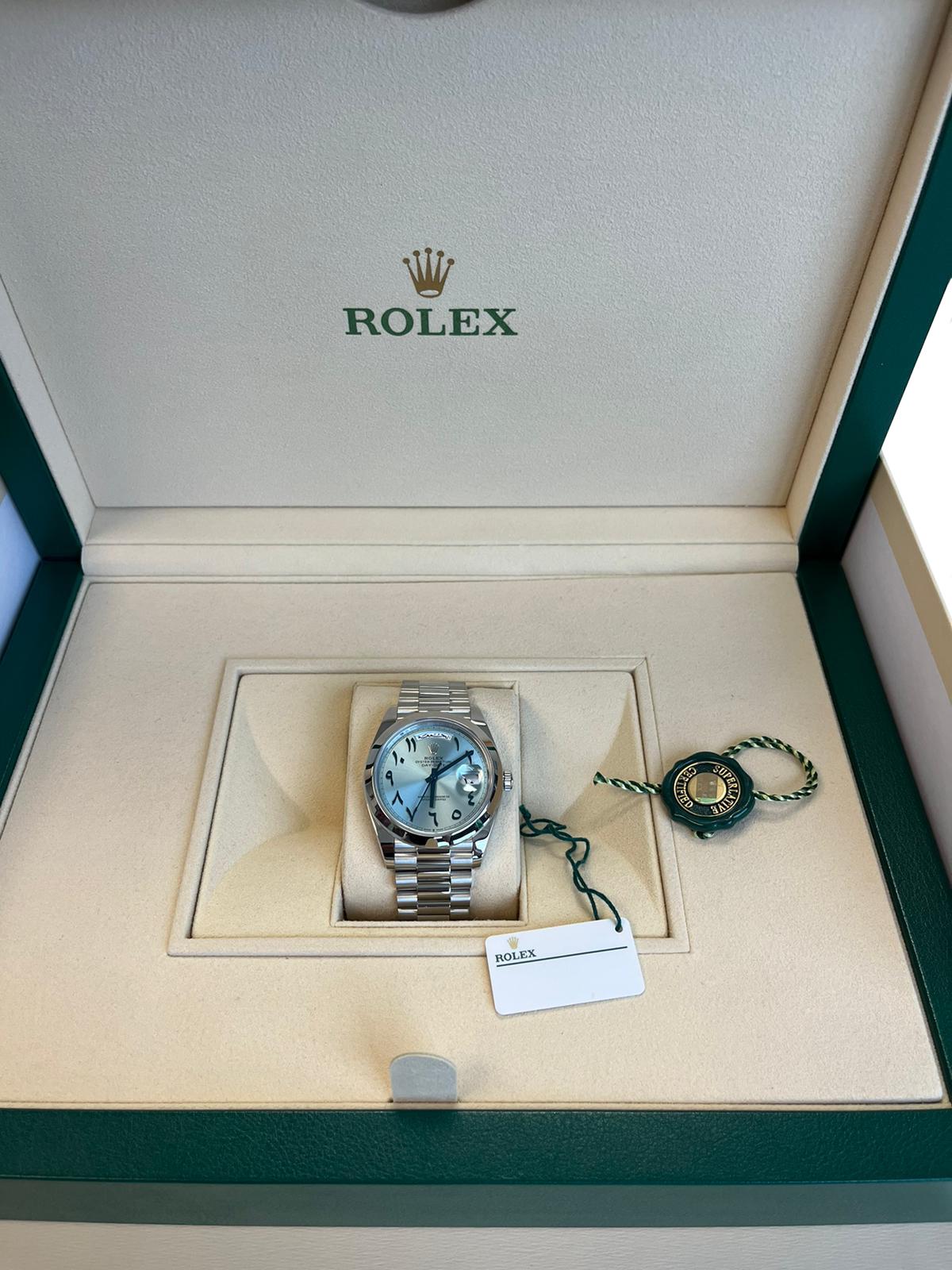 Women's or Men's Rolex Day-Date President 40 Ice Blue Arabic Dial Automatic Platinum Watch 228206 For Sale