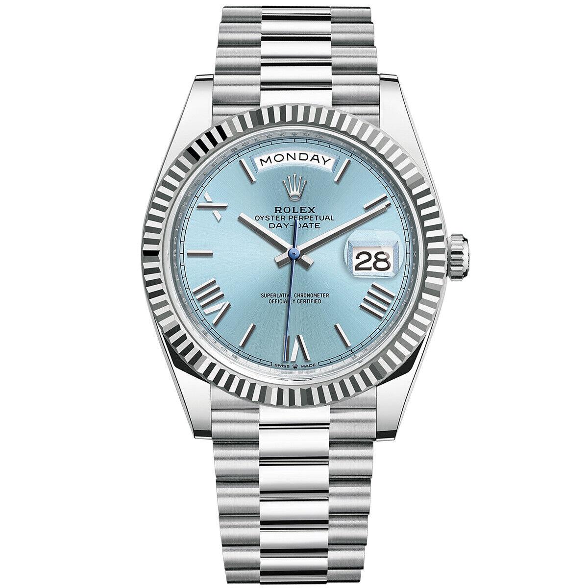Rolex Day-Date President 40 Platinum Ice-Blue Roman Dial Men Watch 228236 In Excellent Condition For Sale In New York, NY