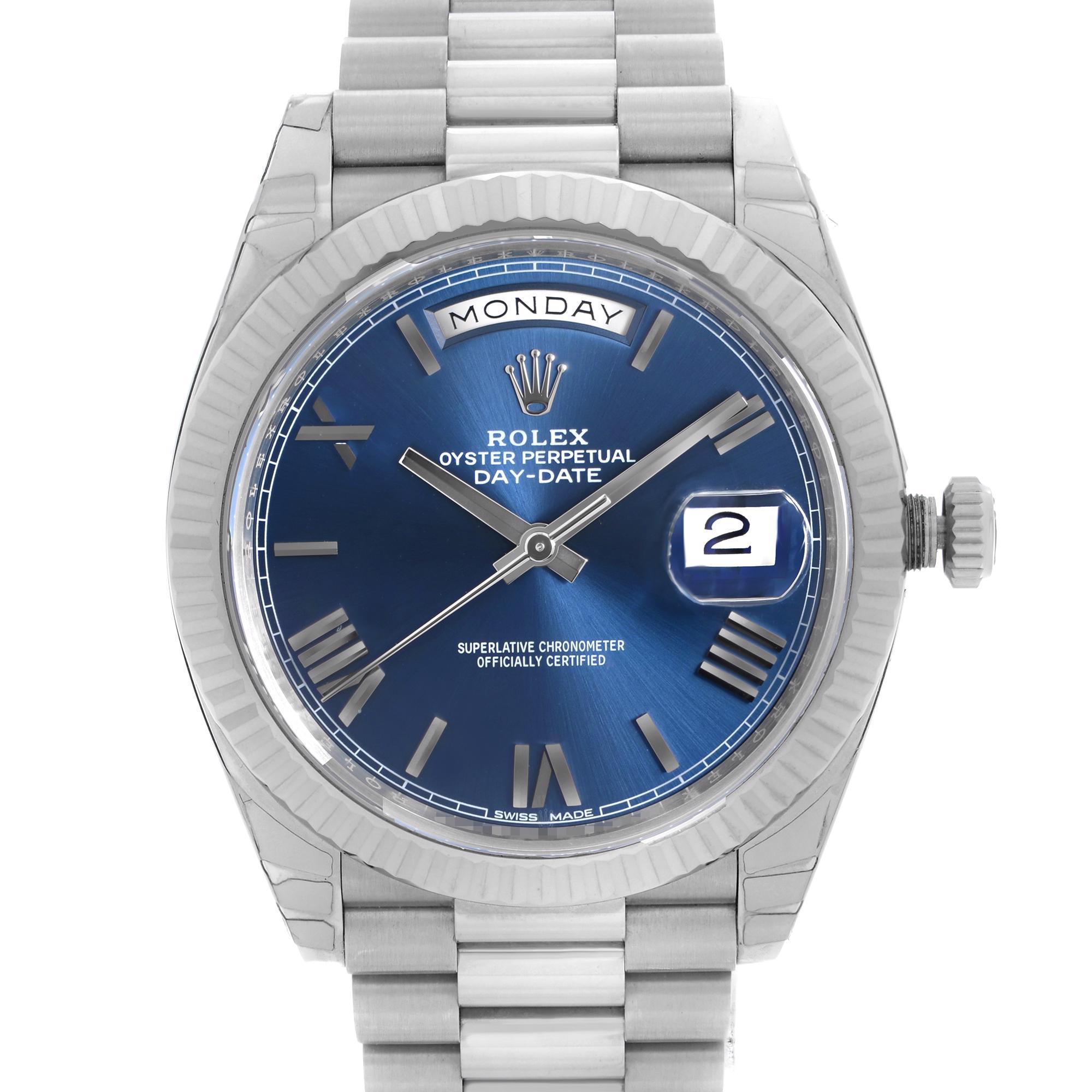 Pre-owned Rolex Day-Date President 40mm 18K White Gold Blue Dial Automatic Watch 228239. This Beautiful Timepiece Come with a 2018 Card and is Powered by Mechanical (Automatic) Movement And Features: Round 18k White Gold Case With a 18k White Gold