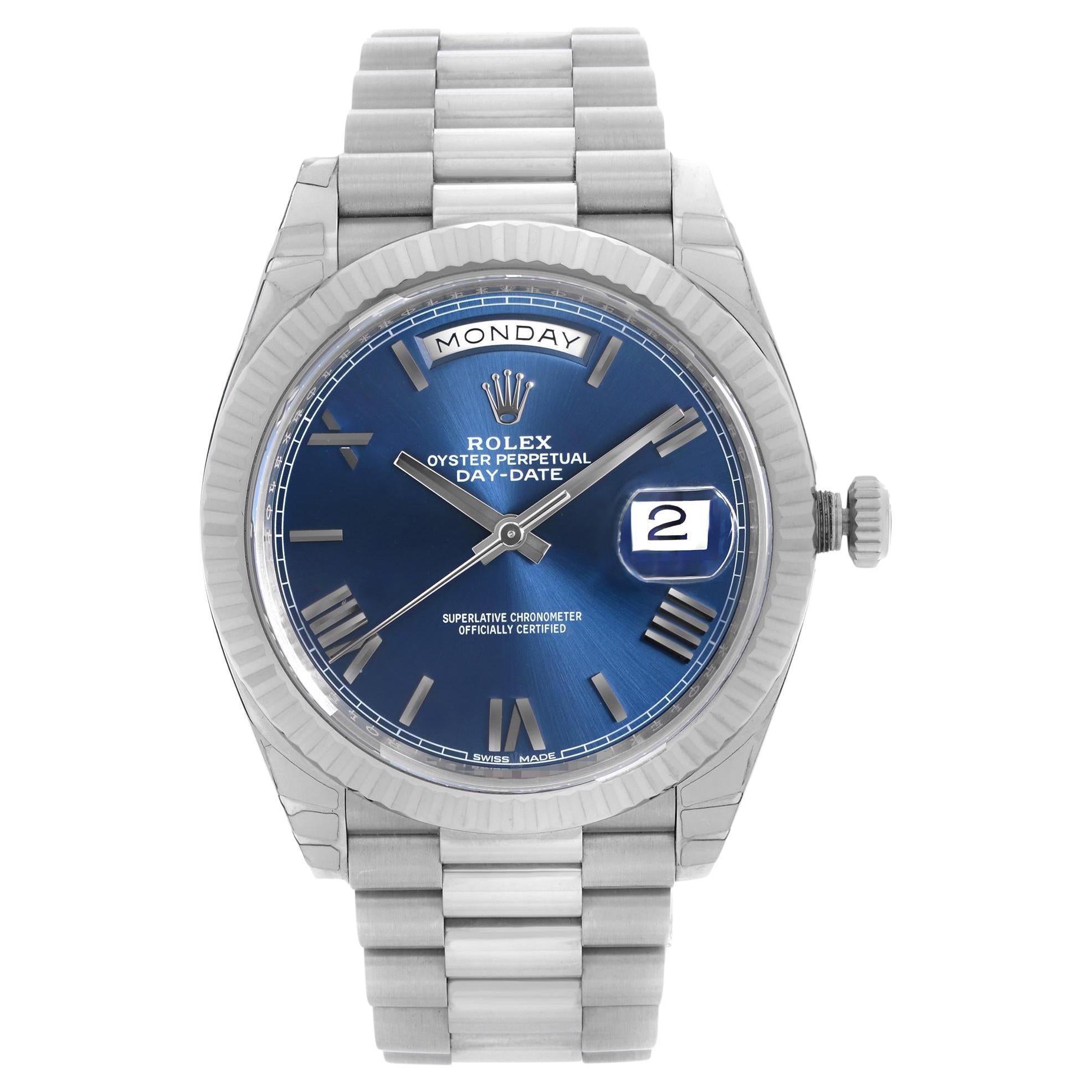 Rolex Day-Date President 18K White Gold Blue Roman Dial Mens Watch 228239