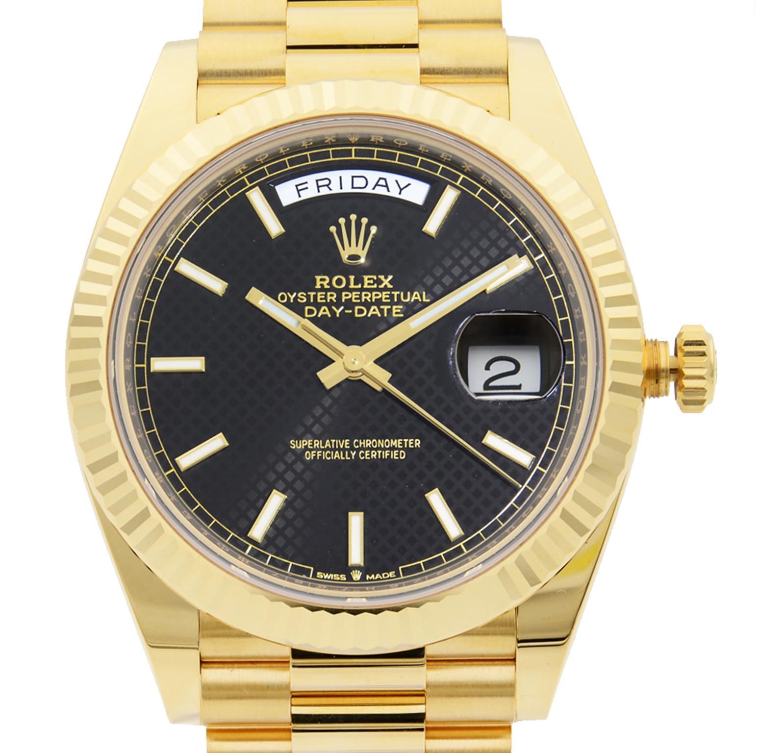 This  never been worn  Rolex Day-Date 228238 is a beautiful men's timepiece that is powered by mechanical (automatic) movement which is cased in a yellow gold case. It has a round shape face, day & date dial and has hand sticks style markers. It is