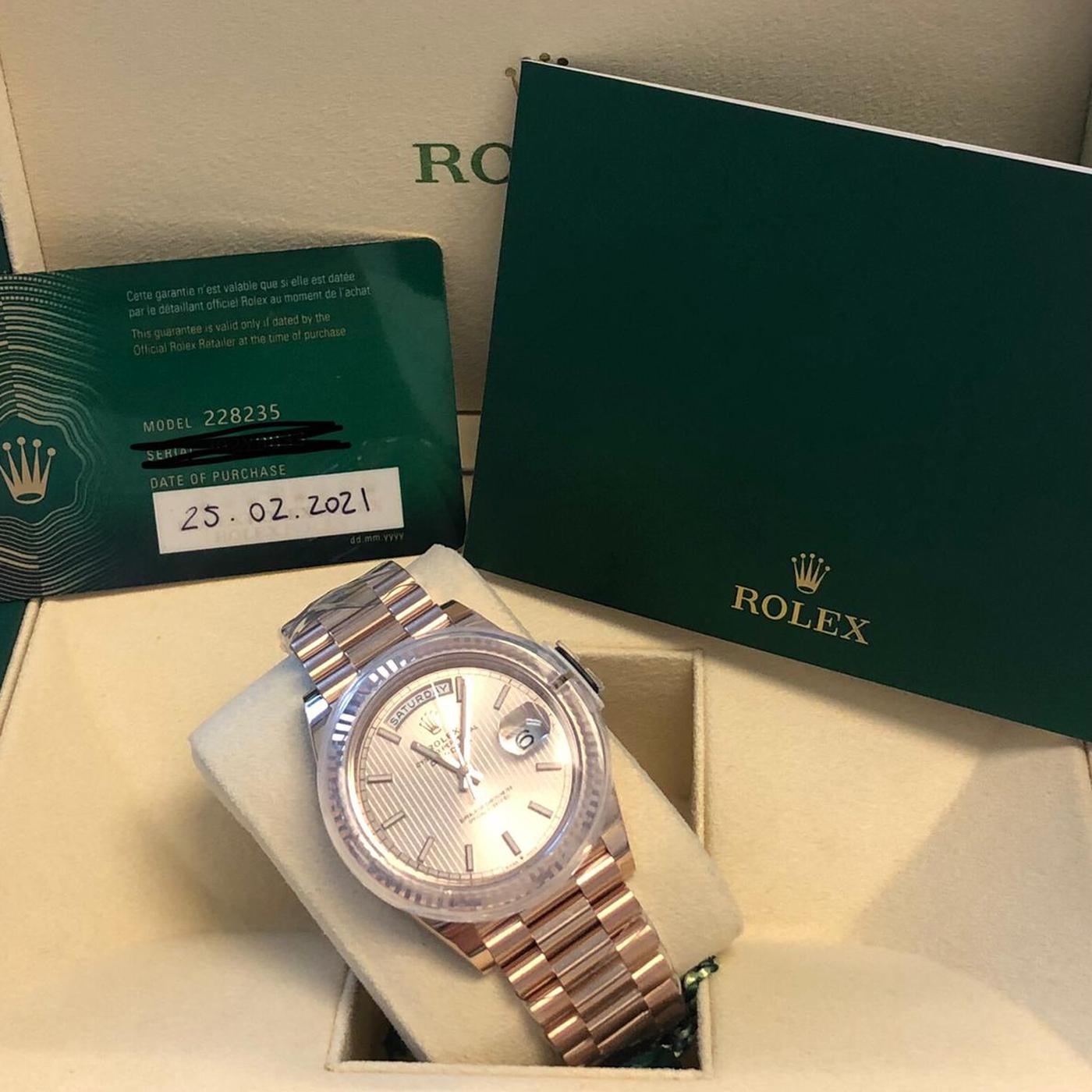 Rolex Day-Date President Sundust Stripe Motif Stick Dial Rose Gold Watch 228235 In New Condition In Aventura, FL