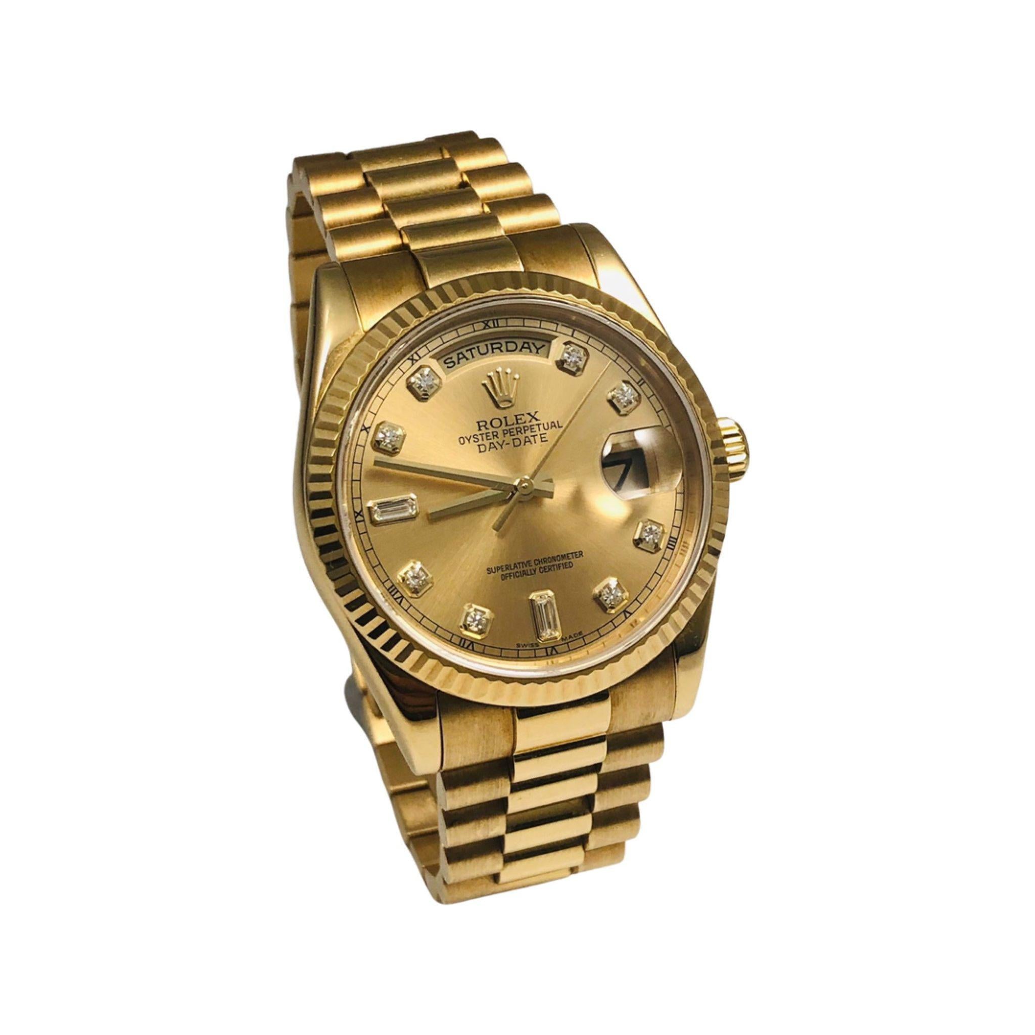 ITEM SPECIFICATIONS:

Brand: Rolex

Model Name: Day-Date President

Model Number: 118238

Movement: Automatic

​​​​​​​Calibre: 3155

Case Size: 36 mm

​​​​​​​Dial Color: Gold

​​​​​​​Material: 18k Yellow Gold

Crystal: Scratch