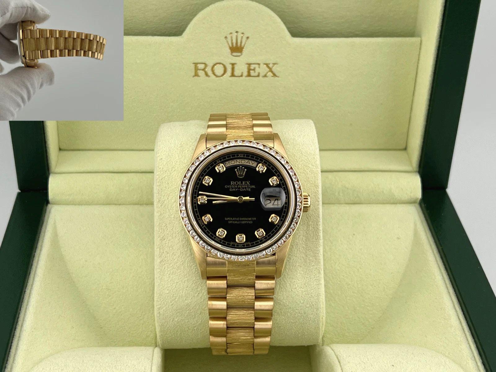 Rolex Day Date Präsident Bark 18078 36mm schwarz Diamant Zifferblatt Lünette 18k Gold Box im Angebot 5