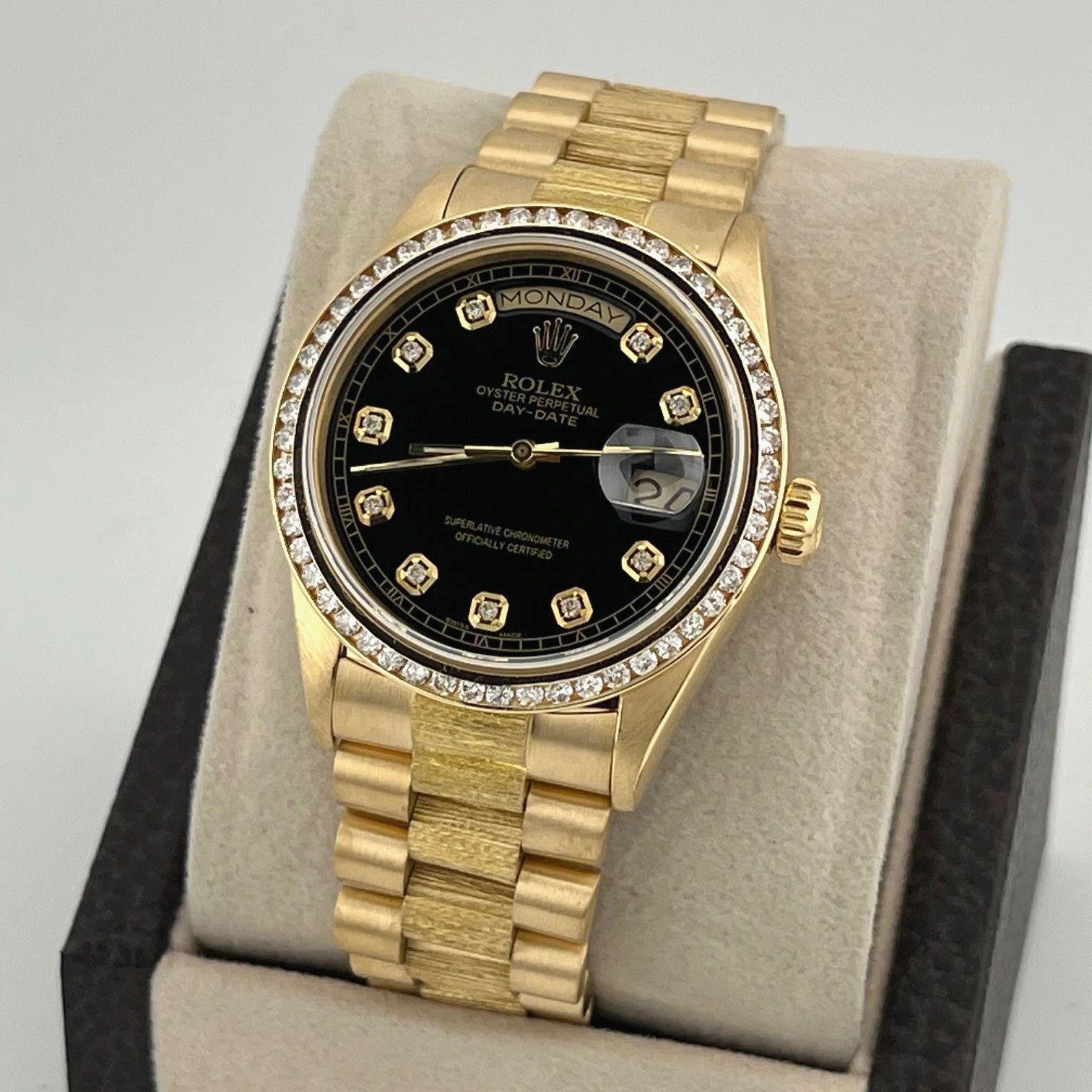 Rolex Day Date Präsident Bark 18078 36mm schwarz Diamant Zifferblatt Lünette 18k Gold Box im Angebot 2