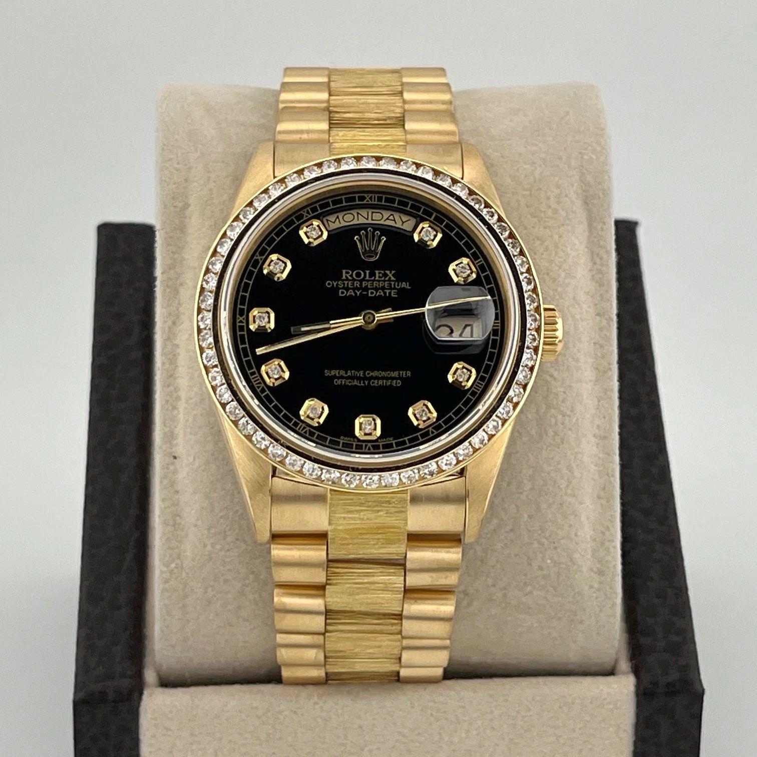 Rolex Day Date Präsident Bark 18078 36mm schwarz Diamant Zifferblatt Lünette 18k Gold Box im Angebot 4